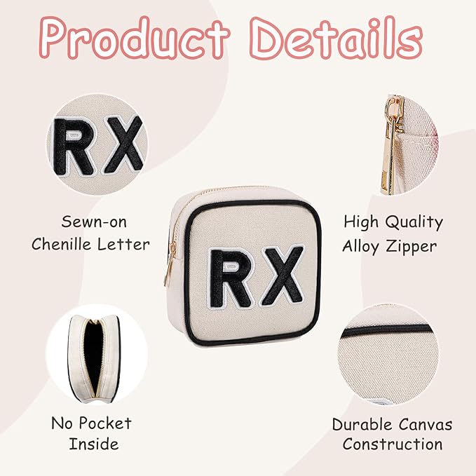 3Pcs Canvas Rx MEDS STUFF Packages, Cute Chenille Letter Patch Drug Makeup Bag with Metal Zipper, Mini Travel First Aid Purse Organizer Machine Washable (3Pcs Bags)