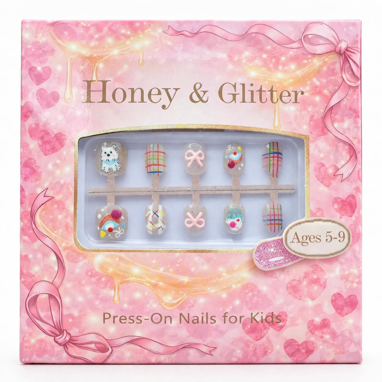 Kids Press On Nails, Happy Day Party Design, Cute Birthday Glittered Nails for Girls, Strawberry & Cake Style, Easy Apply, 24pcs