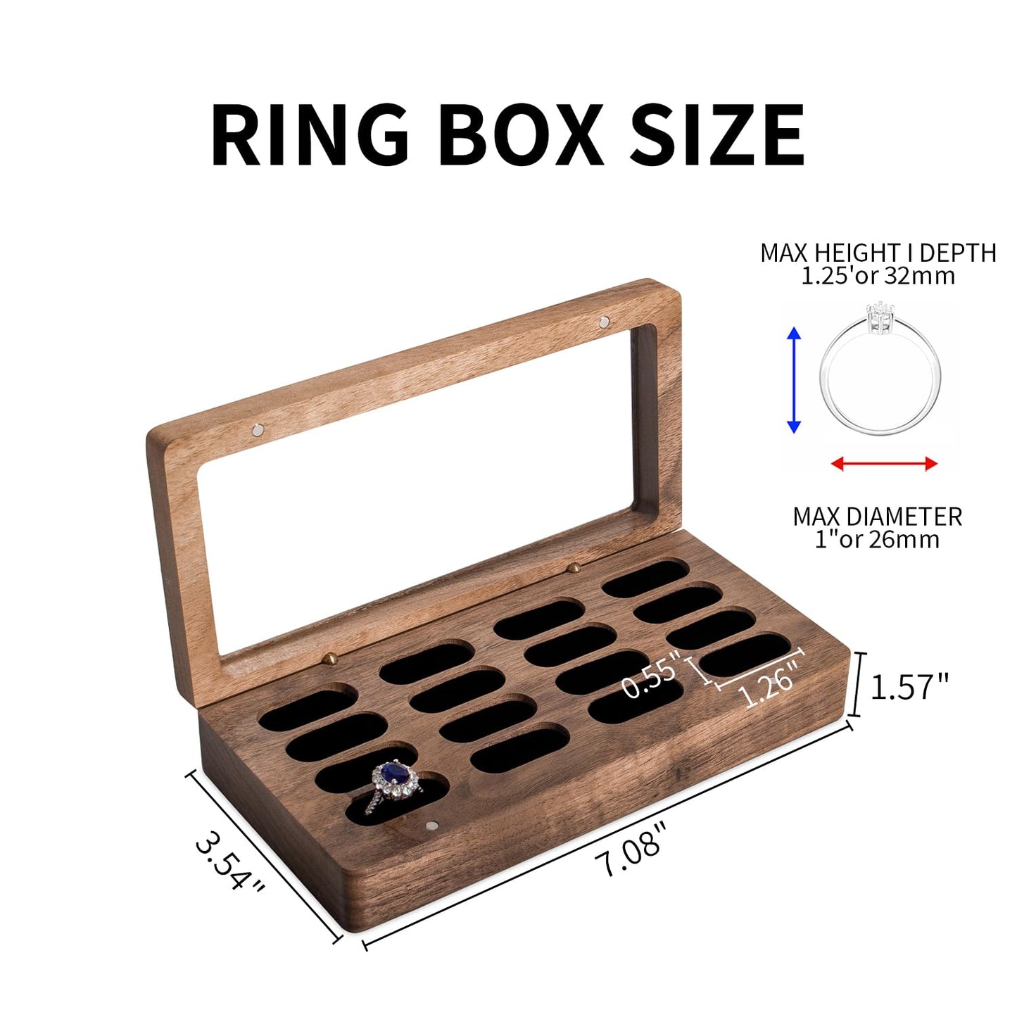 Wislist Luxury Solid Walnut Wood Ring Box with Glass Window - Ring case Jewelry Tray Jewelry Organizer for Rings, Studs & Earrings - Ideal for Store Display, Jewelry Showcases, Home Use & Gift Ideas