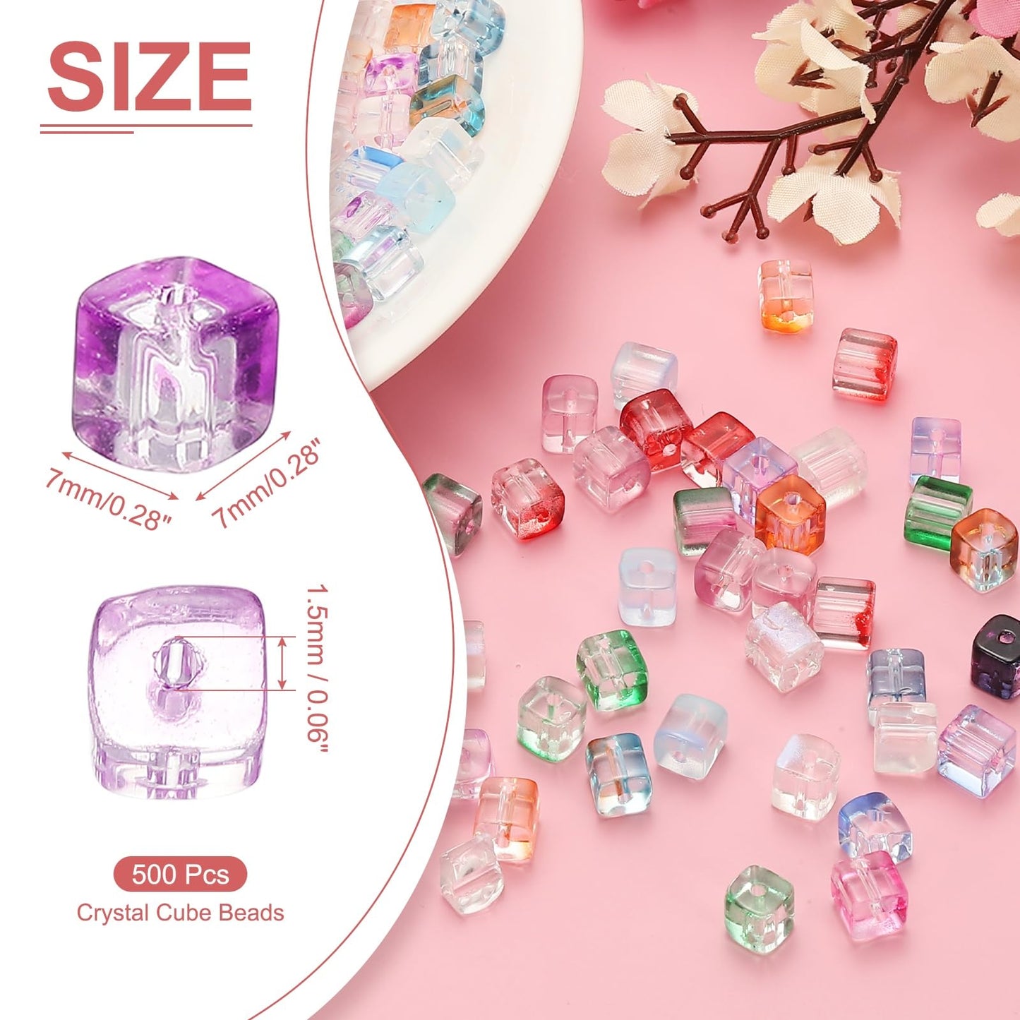 uxcell 500 Pcs Crystal Cube Beads, 7mm Clear Glass Faceted Square Spacer Beads Craft Making Supplies for Jewelry DIY Bracelet Earring Necklace, Light Purple