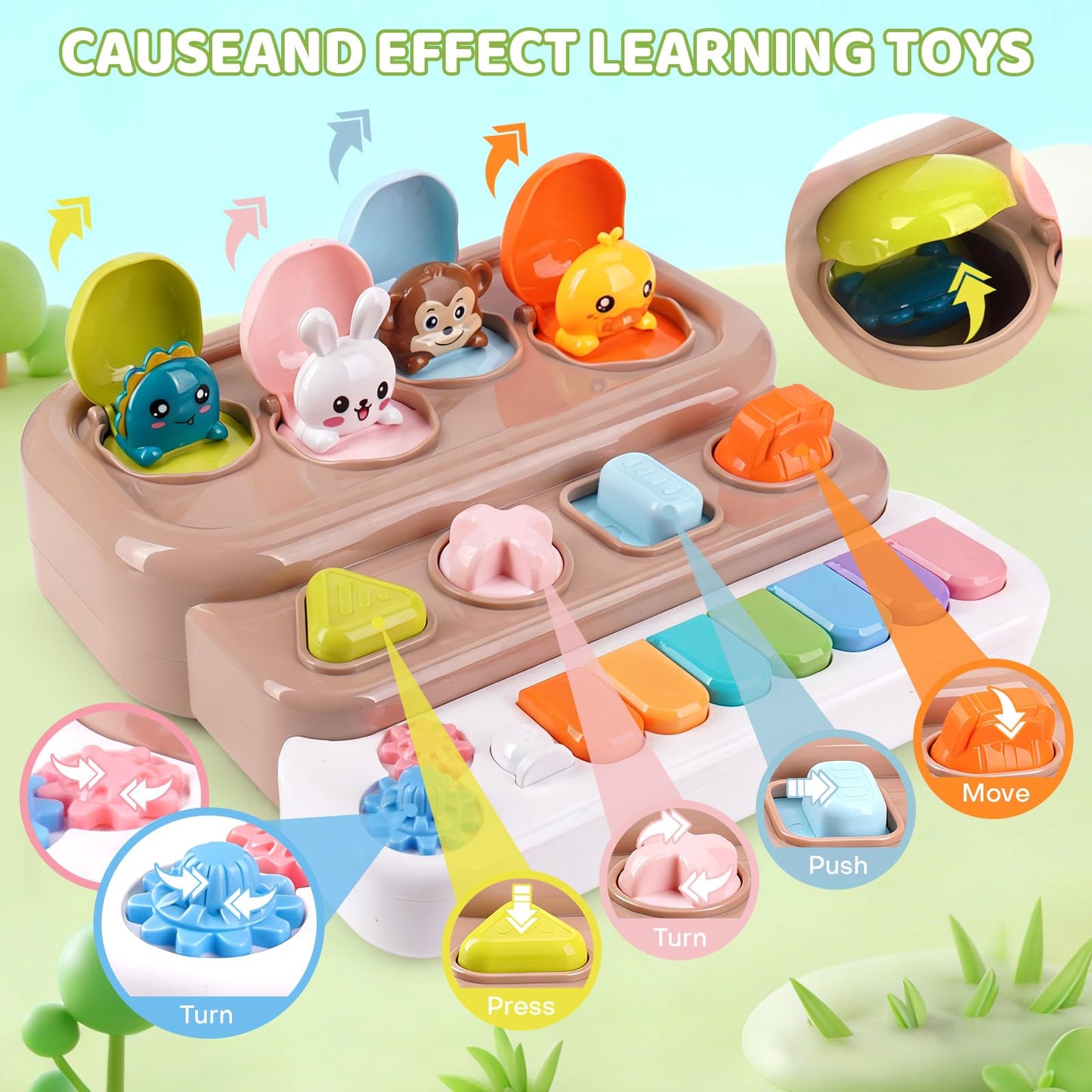 LESSETI Pop Up Music Toy with Piano Keyboard - Interactive Cause and Effect Animal Game for 1-3 Year Olds, STEM Learning Educational Baby Toy with Music & Lights for Toddlers 6-12 Months