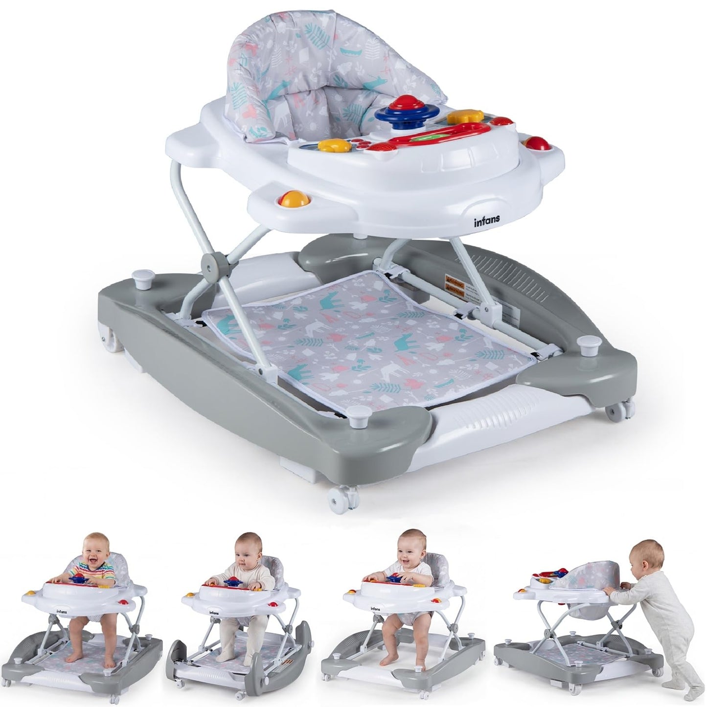 INFANS Baby Walker, 5 in 1 Behind Walker Learning Seated Rocker Bouncer with Removable Music Tray, Adjustable Height, Washable Seat Cushion, Foldable Activity Center for Toddlers (Light Gray)