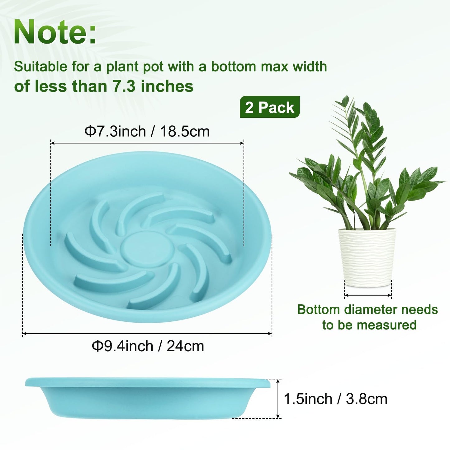 M METERXITY 2-Pack Plant Saucers, 7.3 Inch ID Anti-Rot Root Resin Flower Pot Plant Saucers for Indoor/Outdoor, Flowerpot Drip Tray [9.4 Inch OD, Light Blue]