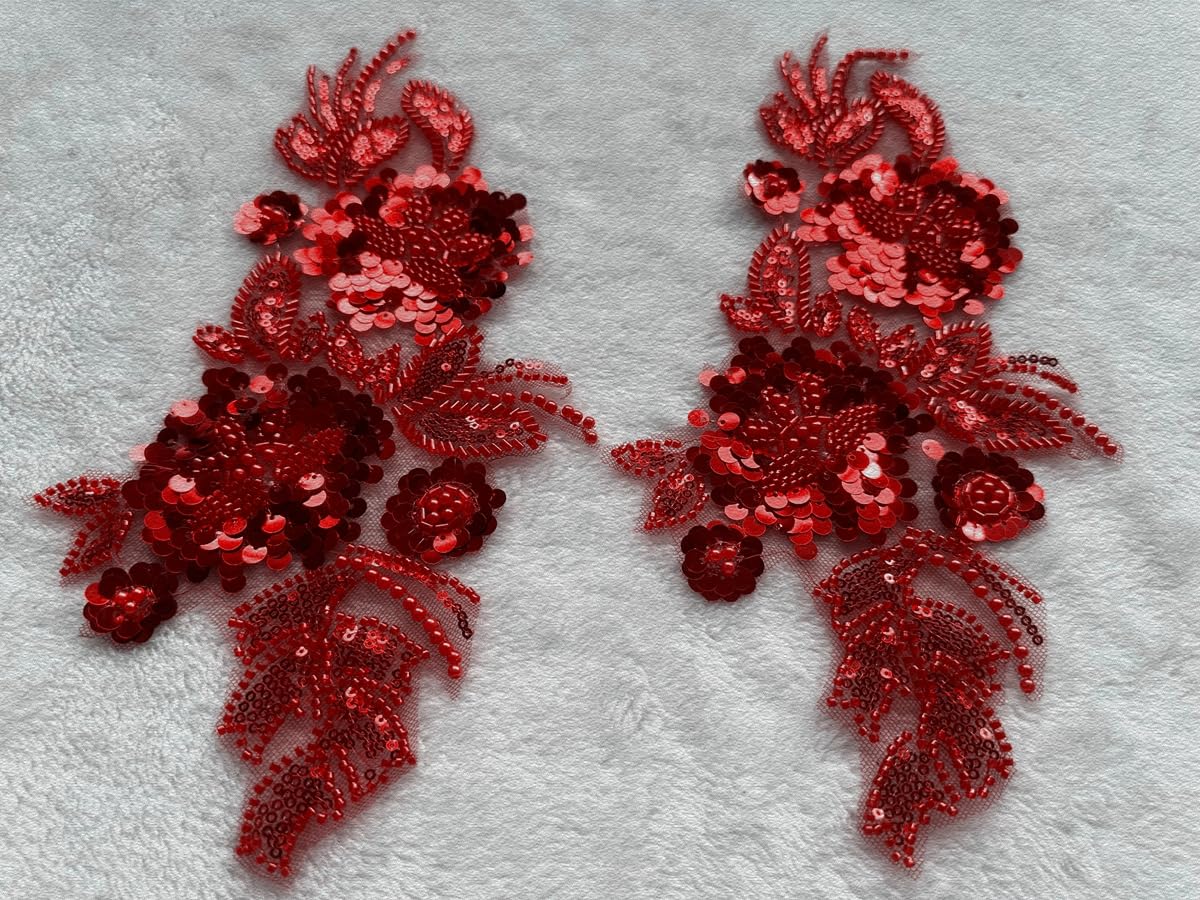 Handmade Sewing Sequin Beaded or Pearl Flower Fabric Lace Applique for Wedding Dress Gown Bodice Costume Clothing Craft DIY 2PCS/Bag 5.9X12.2inches (Wine)