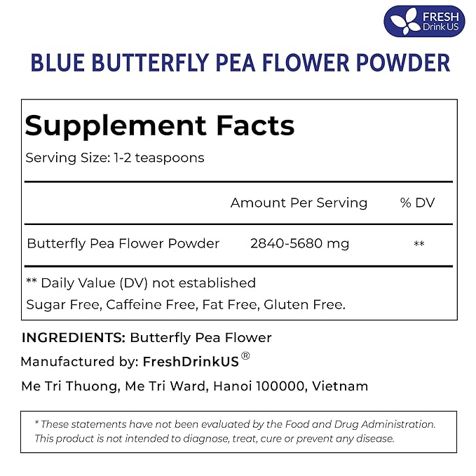 FRESHDRINKUS 6.5oz Butterfly Pea Flower Powder, 100% Natural and Pure, No Additives, No Gluten, No Sugar, Vegan