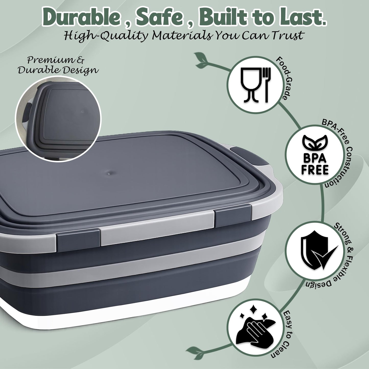 BBQ Prep Tub with 2 Pcs Meat Shredder Claws, Collapsible Cutting Board, Cutting Board with Locking Lids, Drip Easy BBQ Prep Tub with lid-XL Size (Black)