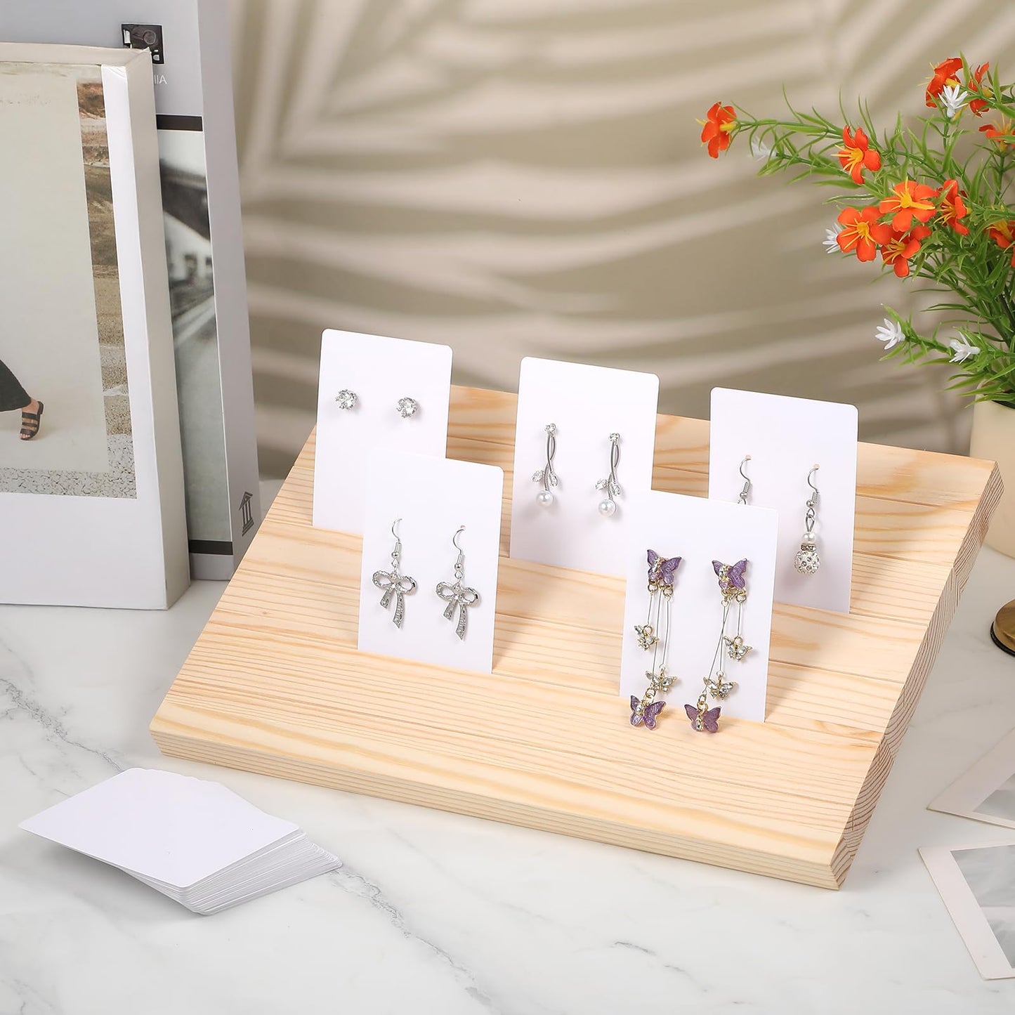 62 Pcs Wood Earring Display Stand Earring Card Display 2 Sets of Holder with Cards Jewelry Stands for Selling