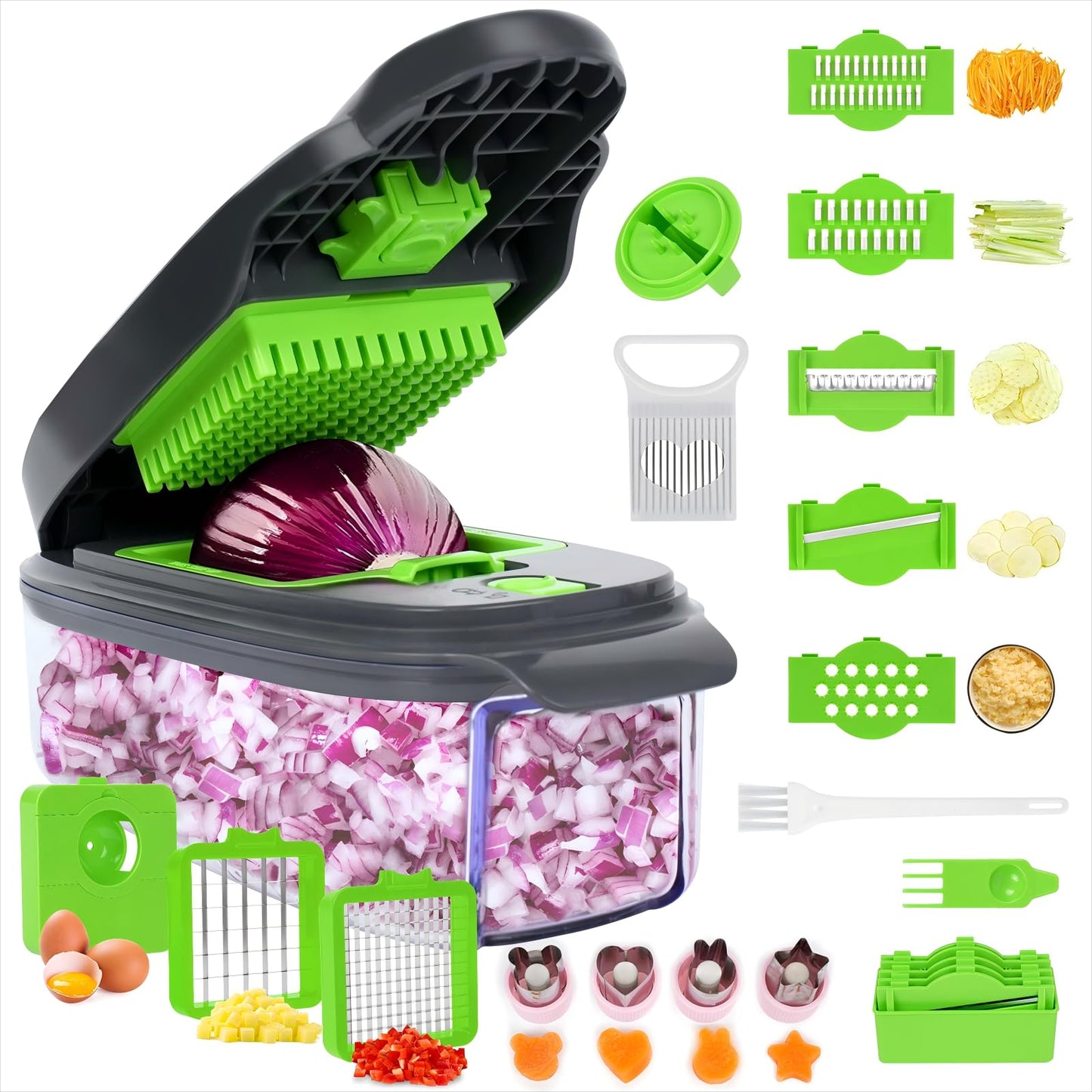 AISHUJIE Veggie Chopper 13 in1 Onion Chopper ·Vegetable Chopper with Container · Salad Chopper · Potato cutter – Gift for Home Cooks & Home Essentials (Grey & Green)