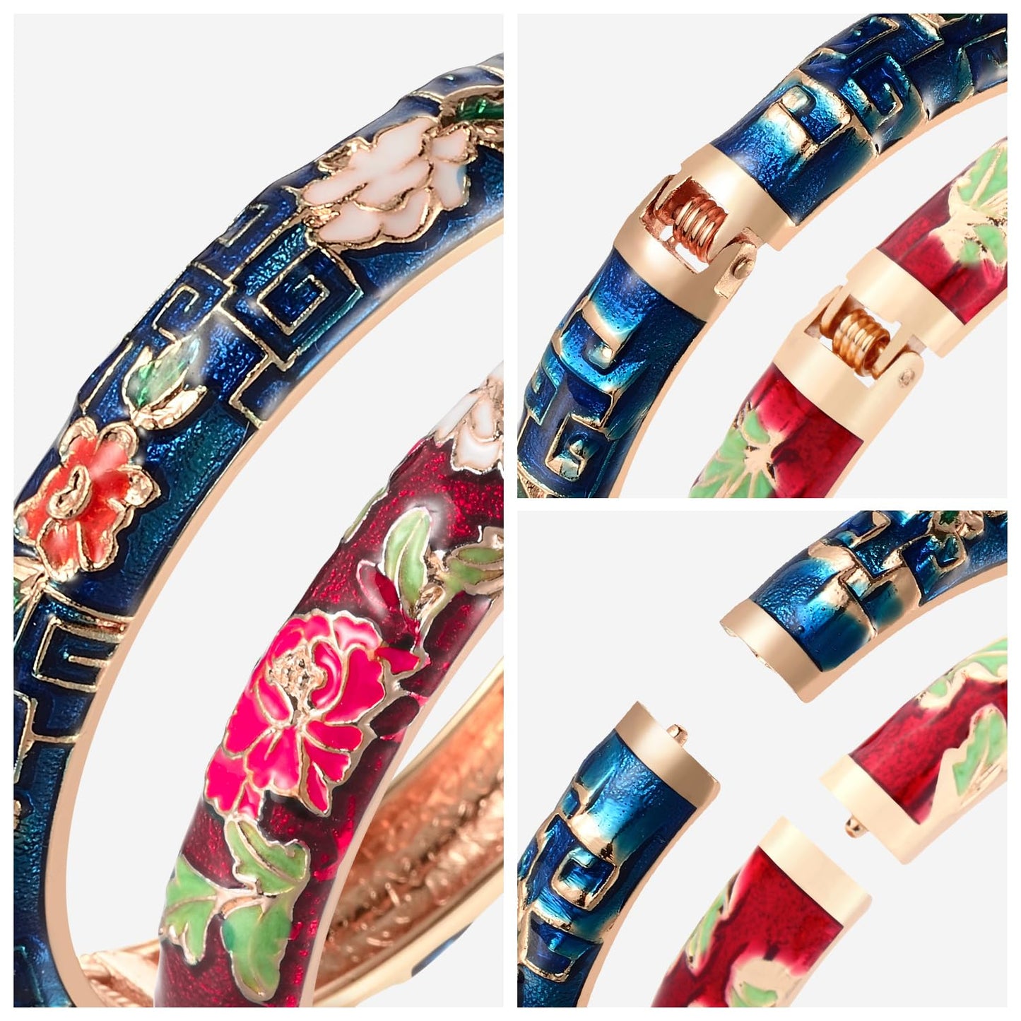 UJOY Vintage Cloisonne Bracelets Flower Enameled Jewelry Plated Cuff Bangle for Women Gift Box 55A113-55A114 WineRed Blue