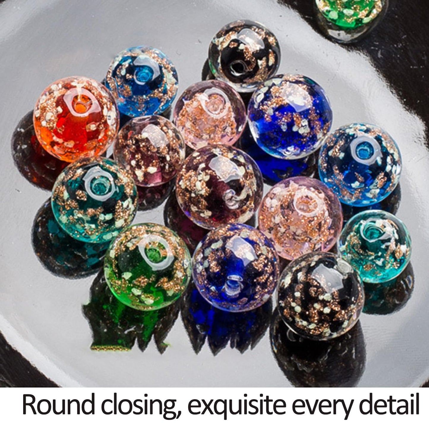 8mm 200pcs Glow in the Dark Glass Beads with Holes for Jewelry Making Bracelets Earrings Necklace Bulk Lampwork Solar Unique DIY Crafts Gold Spacer Beads Kit(100pcs Beads+100pcs Spacer)