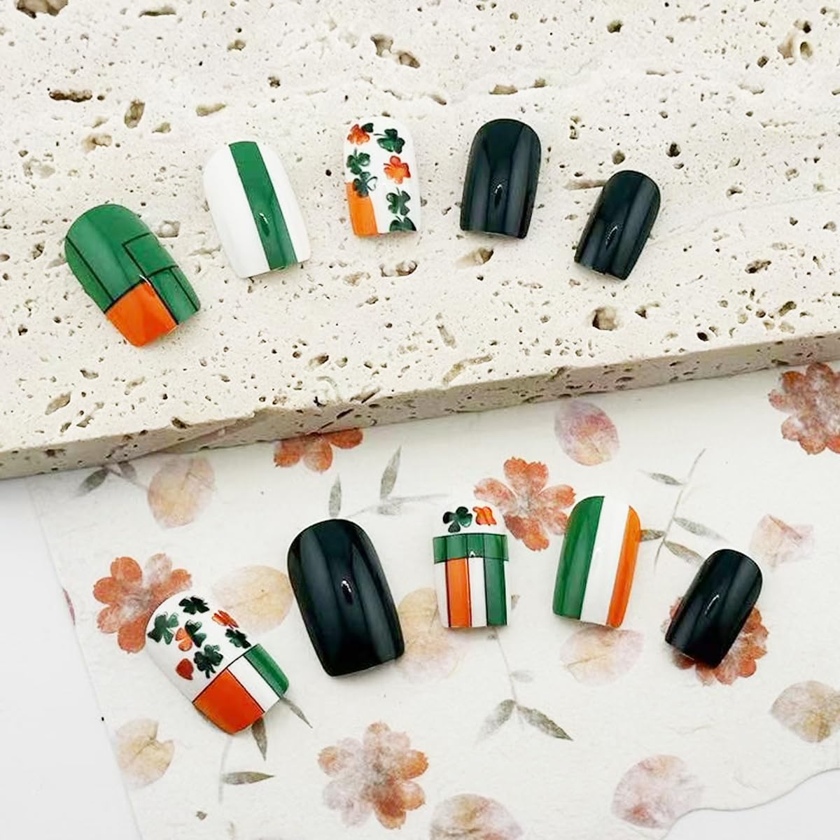 Square Fake Nails Irish Flag Clover False Nails with Flag Full Cover Stick on Nails Designs Glue on Nail for Women Girls DIY Manicure decoration