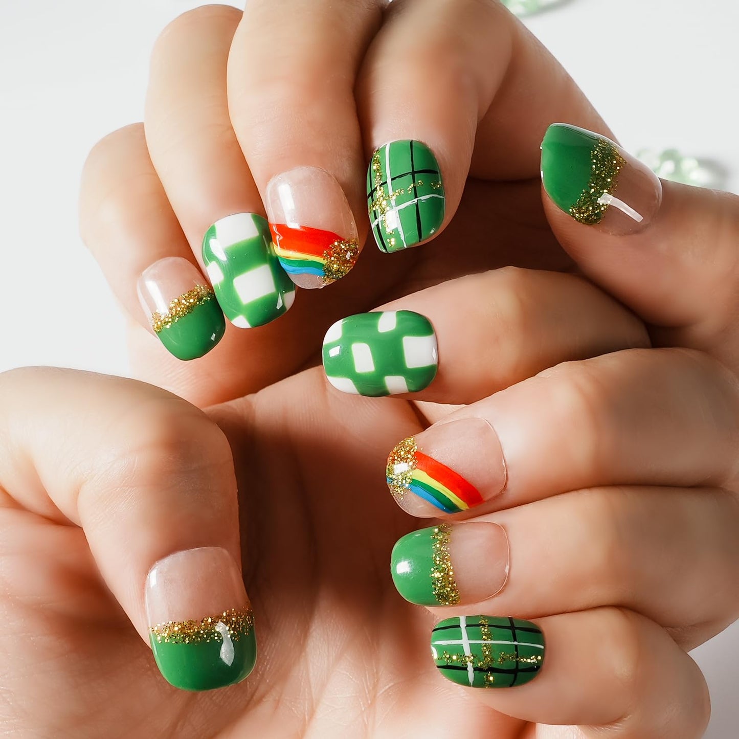 Tesytto Extra Short Press On Nails - Nude Base with Green French Tips & Gold Glitter, Hand-Painted Plaid & Rainbow,Easy to Apply & Remove (Size L)