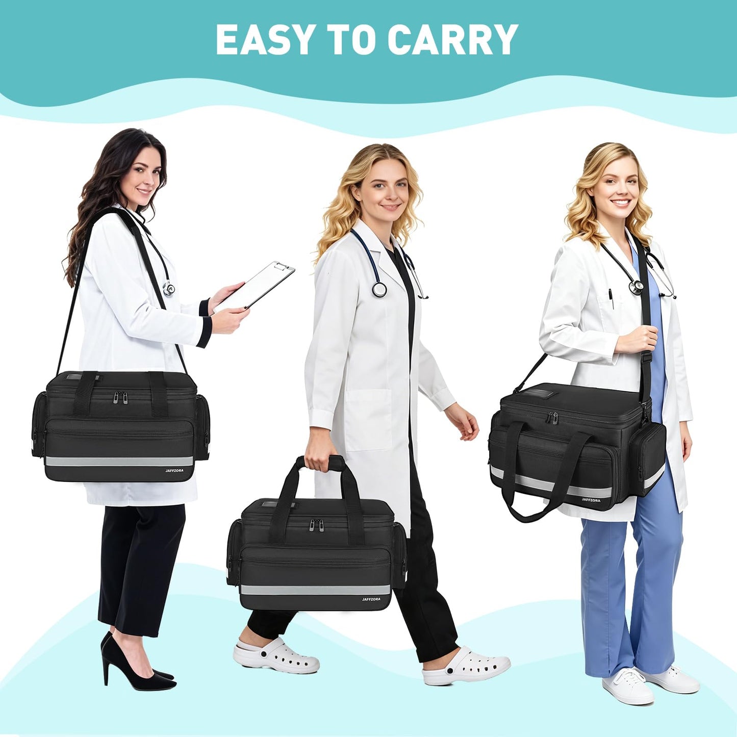 Jaffzora Medical Bag, Medical Equipment Case Empty, Large Home Health Nurse Bag with Shoulder Strap, Medication First Aid Organizer for Therapist, Doctors, Nursing Students (Black)