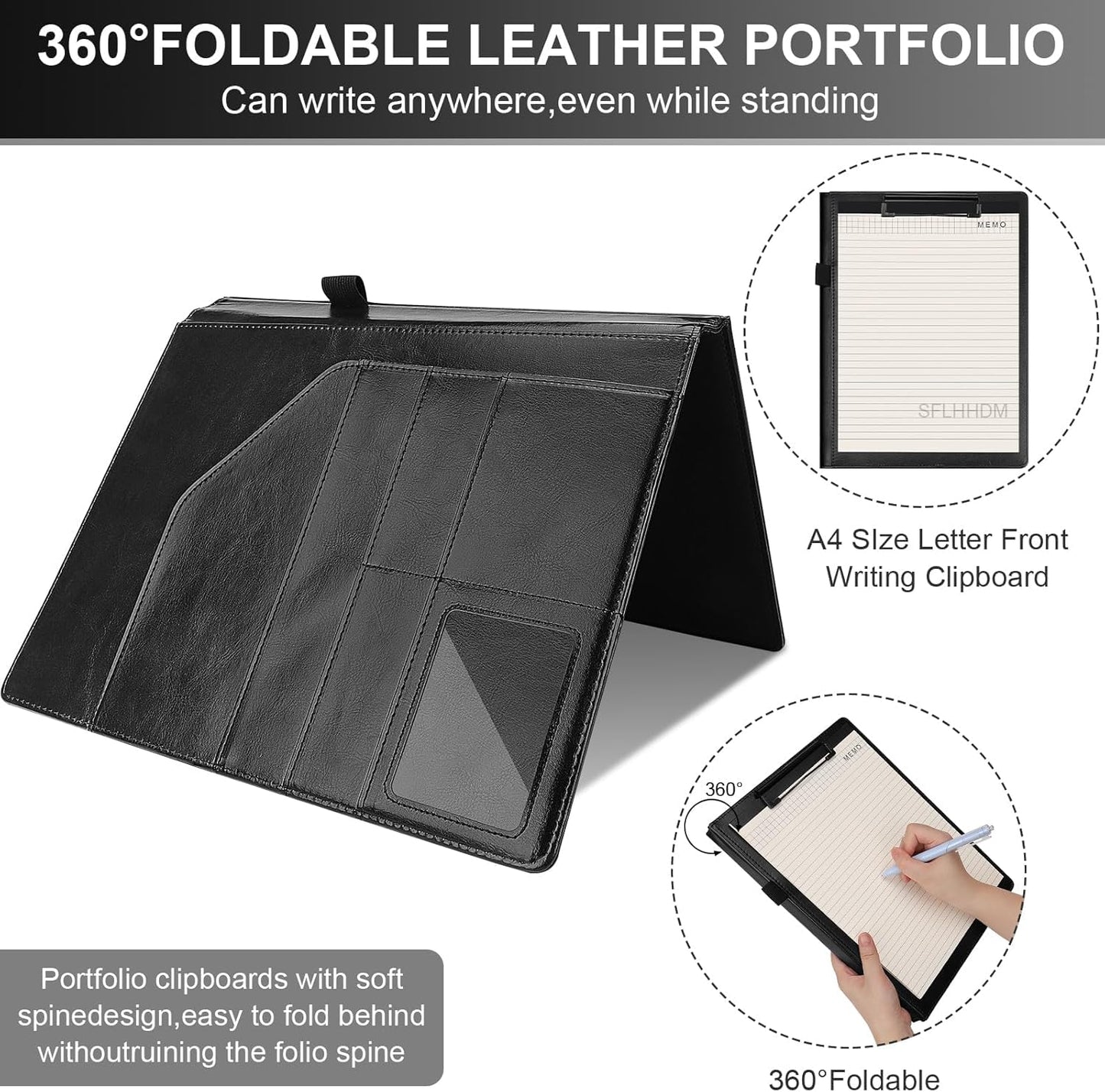 Portfolio Folder Padfolio with A4 Clipboard, Professional PU Leather Folder Binder with Clipboard Folio, Letter Size, Clip Board Organizer for Legal Documents, Business Card Resume Folder, Men Women