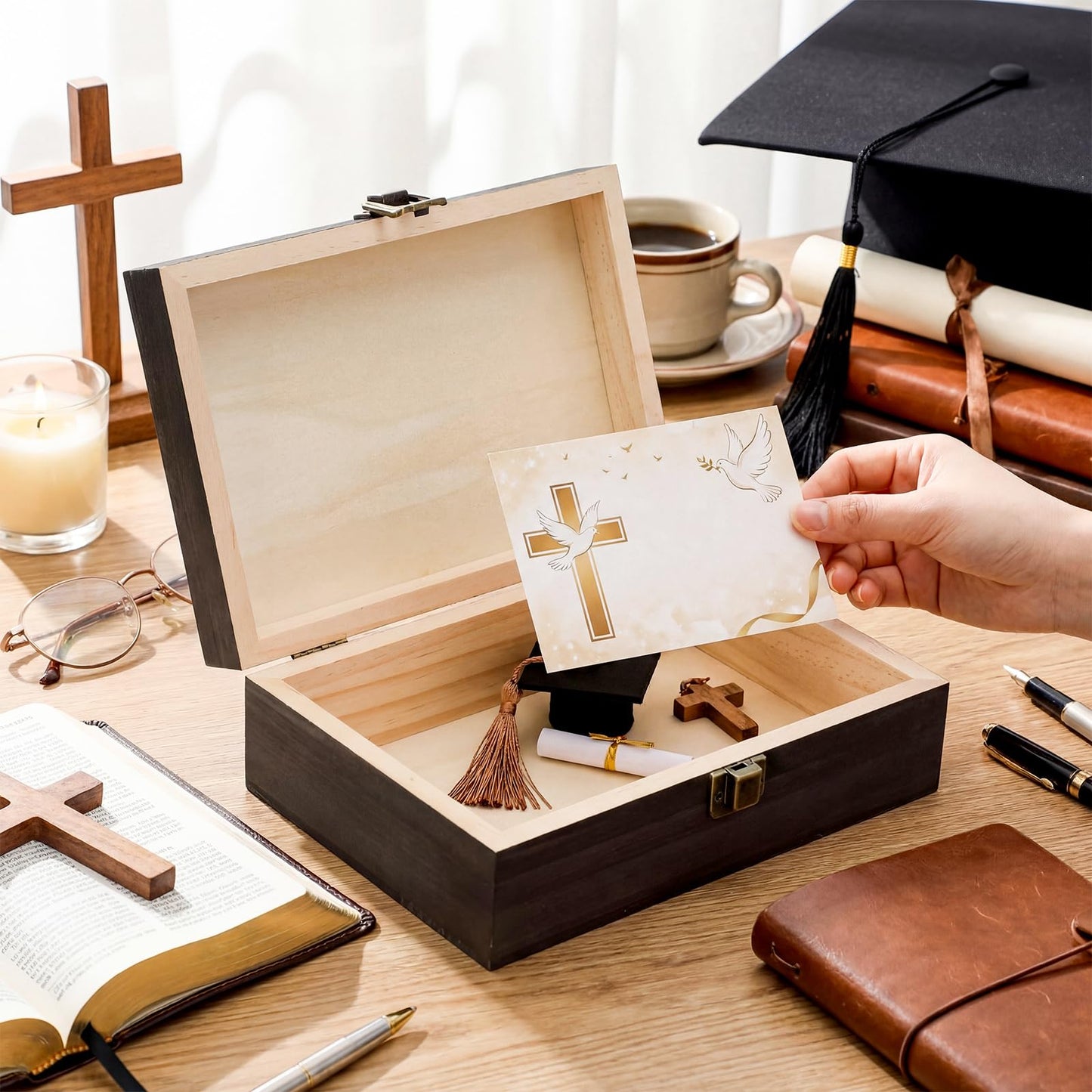 Seeloowy Graduation Memory Keepsake Box with Photo Custom 2026 Large Grad Card Box with Customized Picture Gift for Him Her for Graduate Grad High School Party(Black,Religious)