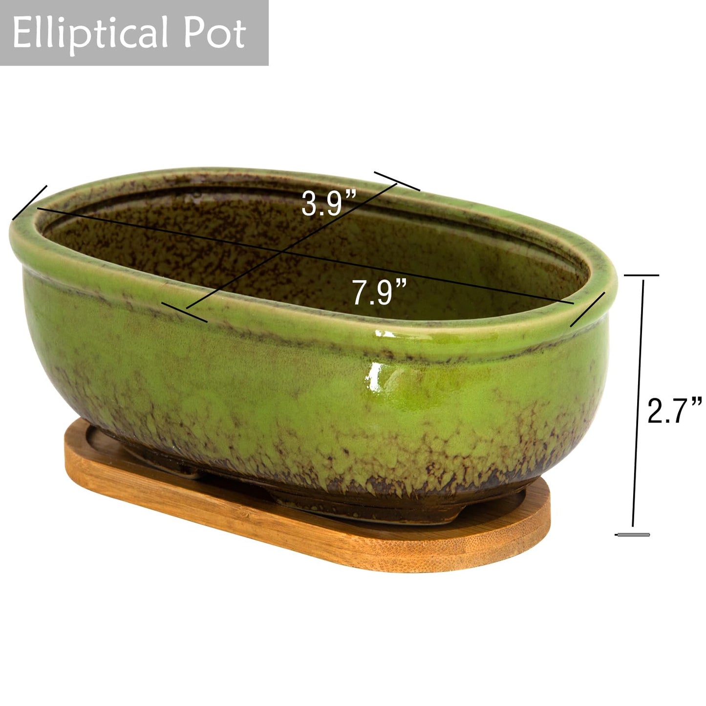 Succulent Pots, 1 Rectangle Planter + 1 Ceramic Bonsai Pot with Drain Tray, 2 Pack Large Shallow Succulent Planters for Indoor Plants, Round Cactus Flower Plant Pot for Desk Windowsill Decor