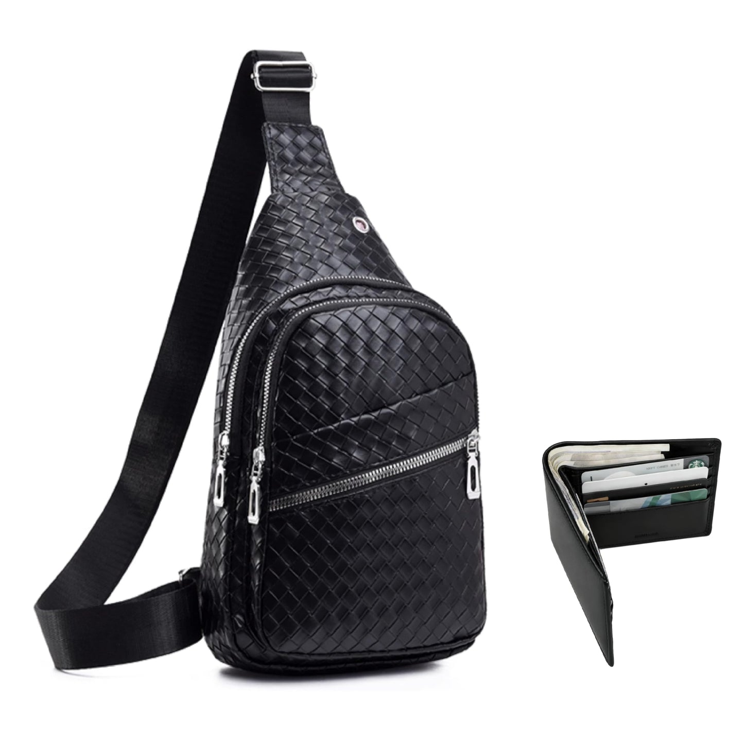 2 Pack Sling Bag Set, PU Leather Sling Bag with Classic Wallet, Multi-Zipper Design for Travel, Outdoors