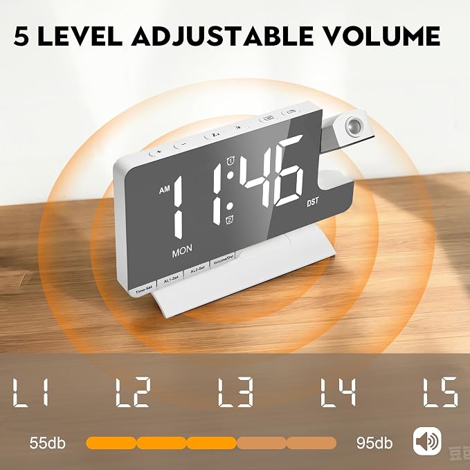SZELAM Digital Clock,Alarm Clock Bedside with Projection,7.3" Mirror Clock with 180°Rotating Projector,Dual Alarm with 3 Mode,Brightnee Adjust,DST,Snooze,Charging Port,5 Levels Volume for Desk Teens