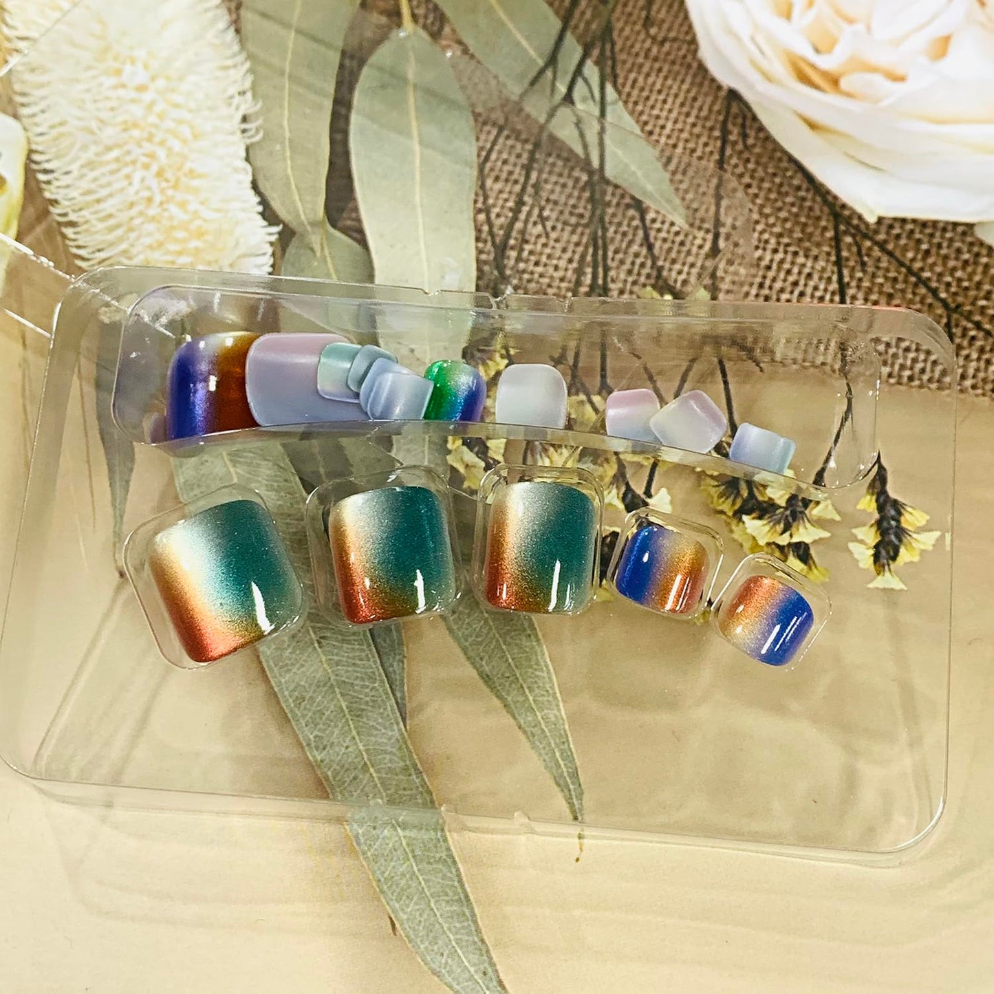 FIEONCIY 24Pcs Press-on Square Acrylic False Nails Set with Glue, Colorful Gradient Designs, Spring Summer Theme, Full Well Tips, Modern Style, Women's Full Cover Nails