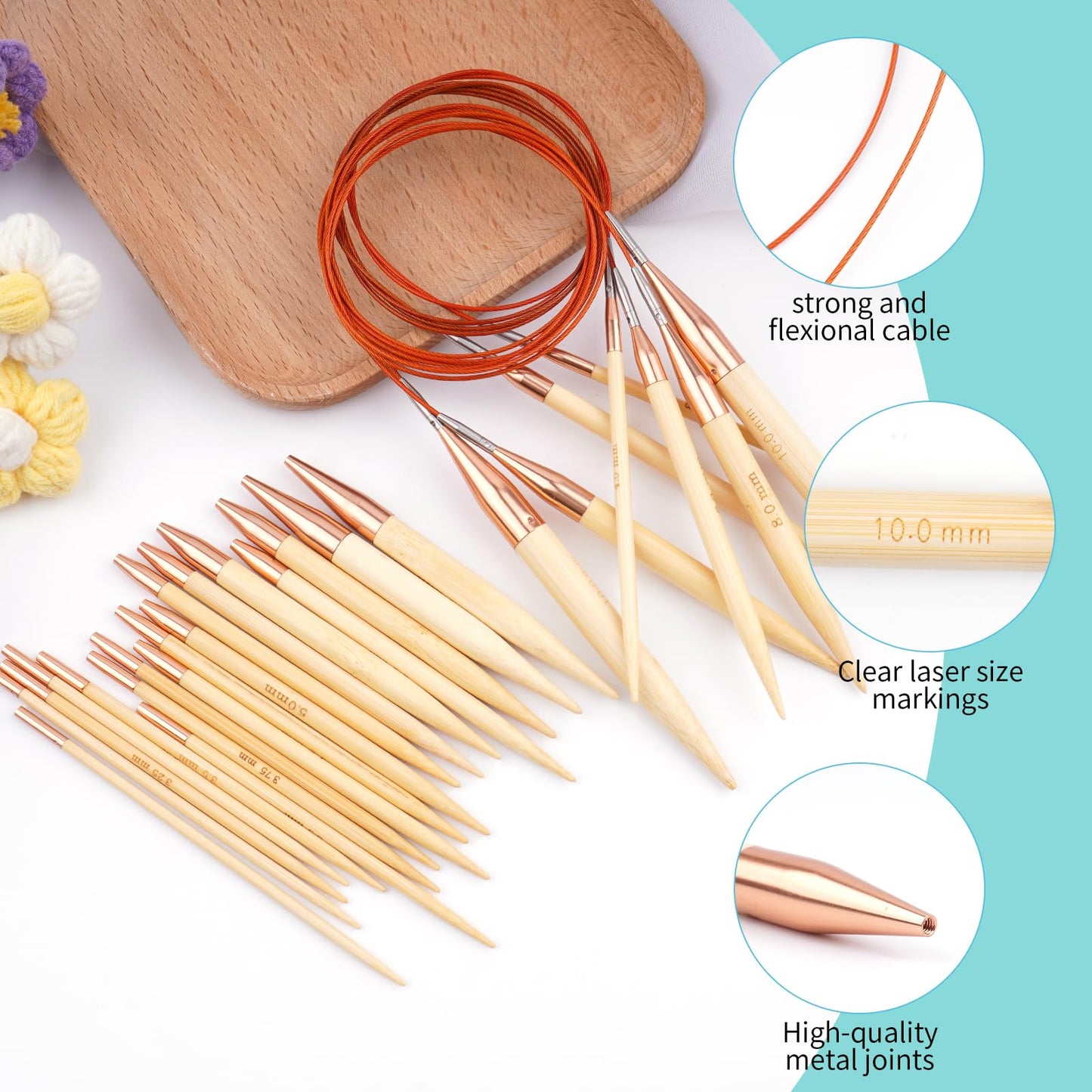 WAZAIGUR Knitting Needles Set, Interchangeable Bamboo Circular Knitting Needles Set, 3mm 3.25mm 3.5mm 3.75mm 4mm 4.5mm 5mm 5.5mm 6mm 7mm 8mm 9mm 10mm Knitting Needles, 13 Pairs
