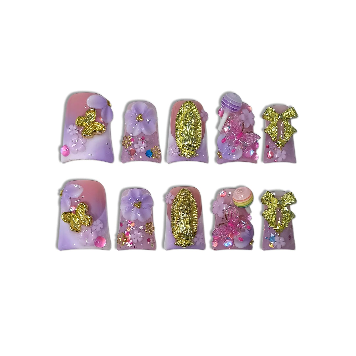 TENPAL Handmade Duckbill Press on Nails - Lavender Pink Blushing French Tips Fake Nails with 3D Bow & Lollipop Design | Acrylic Glossy Gothic Sweet False Nails | Y2K Elegant Style Duck Nails(L)
