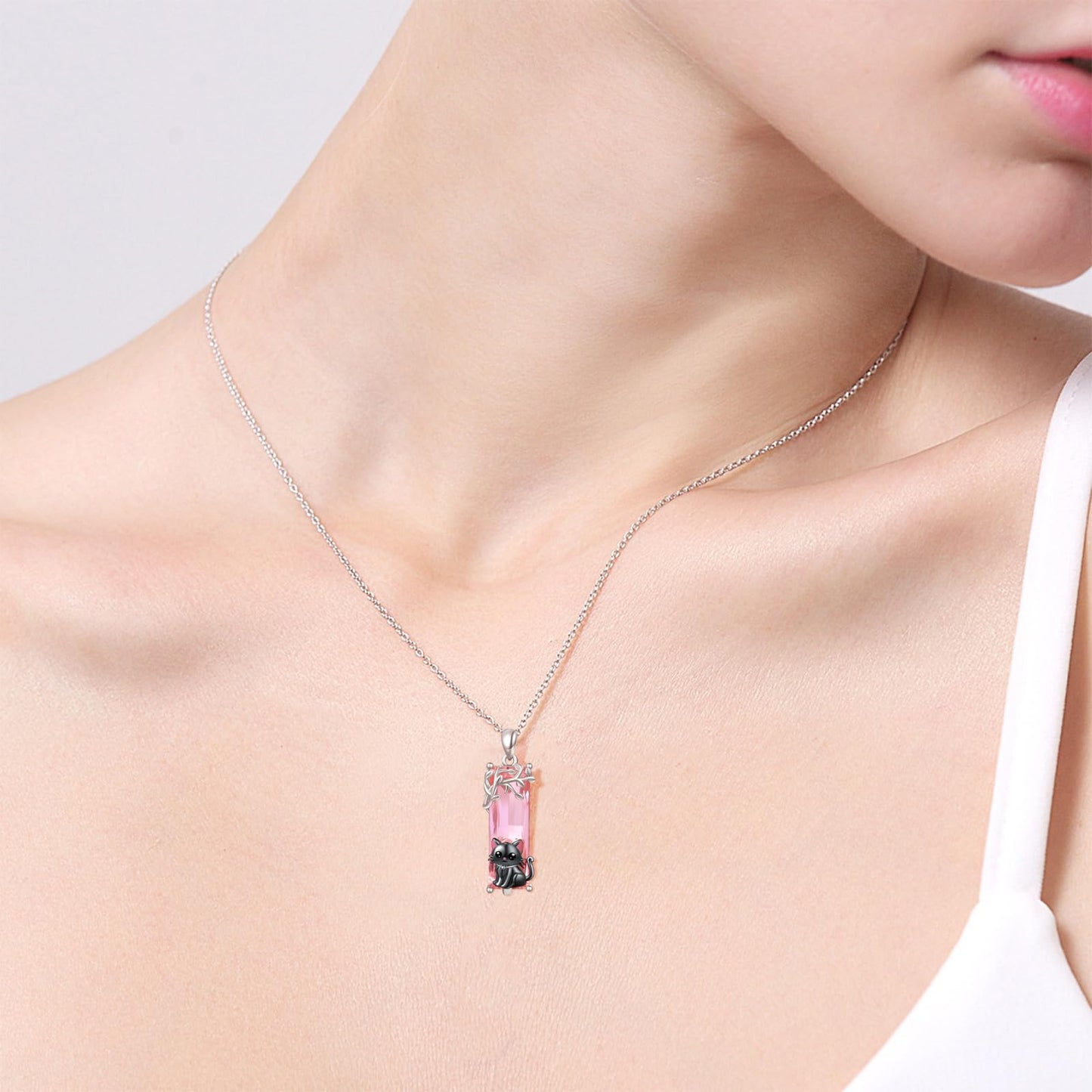 AENEAS Black Cat Necklace 925 Sterling Silver Cute Black Cat Pendant Necklace Pink Crystal Jewelry Gifts for Women Wife Daughter
