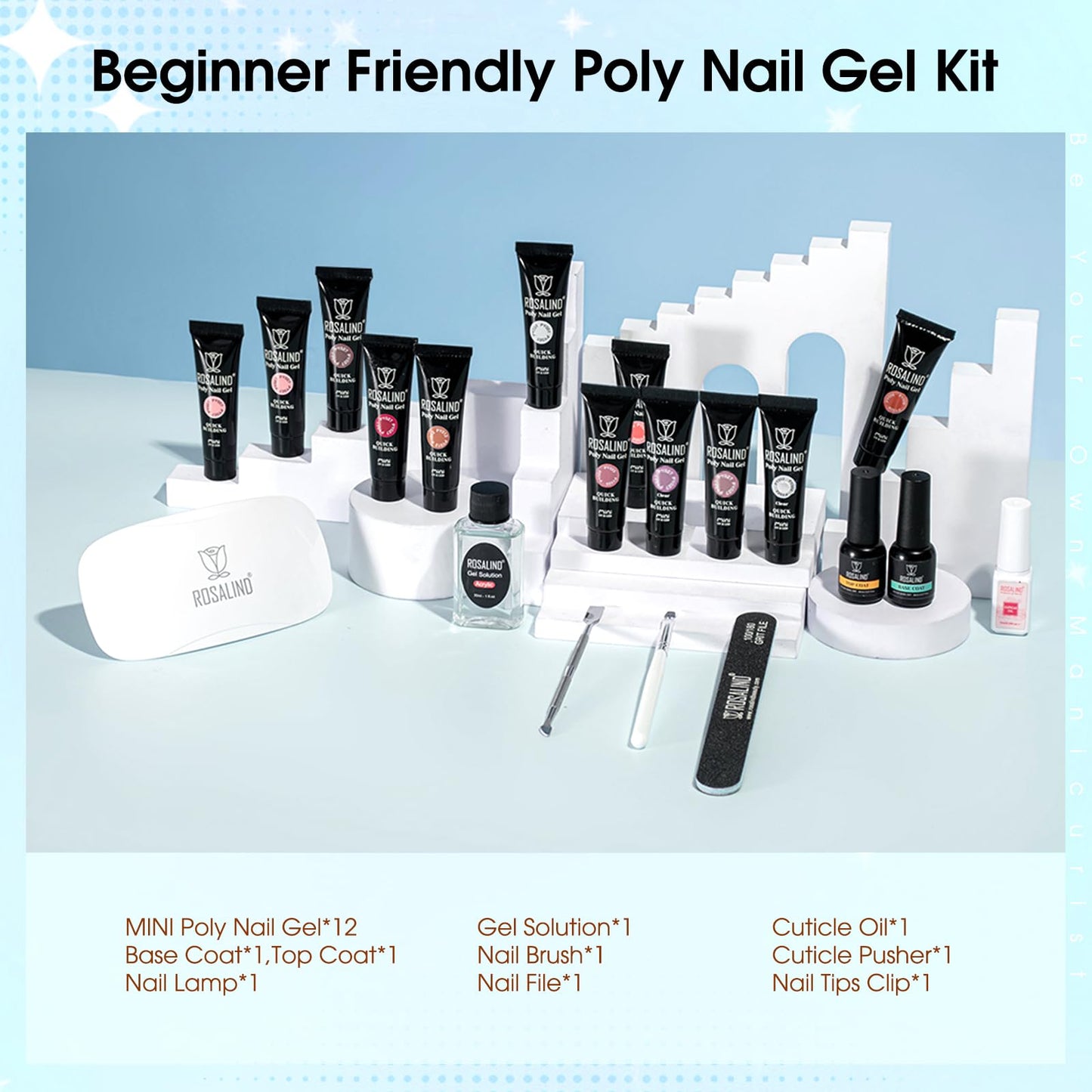 ROSALIND Pink Poly Nail Gel Kit -12 Colors + Nail Art Accessories Kit Nude Shades Poly Nails Gel Starter Kit with Slip Solution All Seasons Classic Colors Nails Extensions Set with Mini UV Lamp