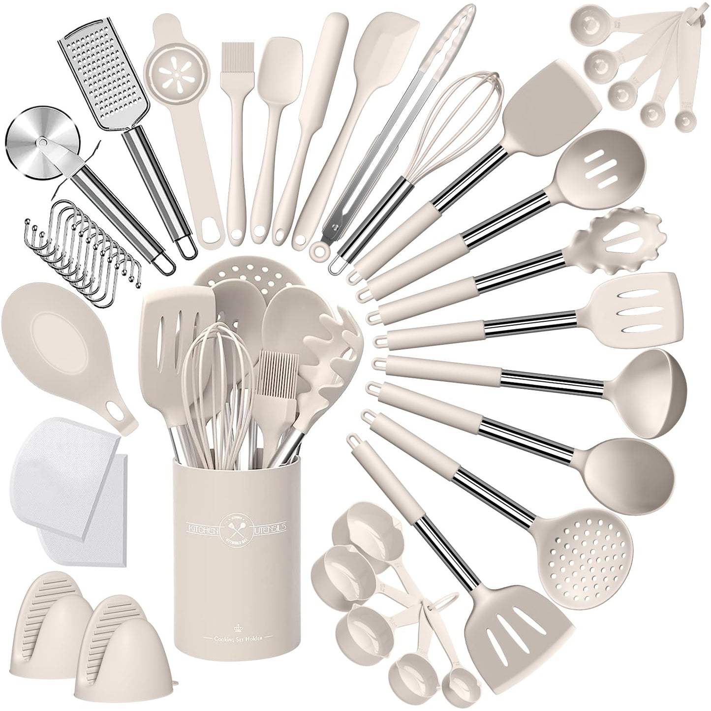 Umite Chef Silicone Kitchen Cooking Utensil Set, 43 pcs Spatula Set with Stainless Steel Handle, Non-stick Heat Resistant - Best Cookware Set-(Khaki)