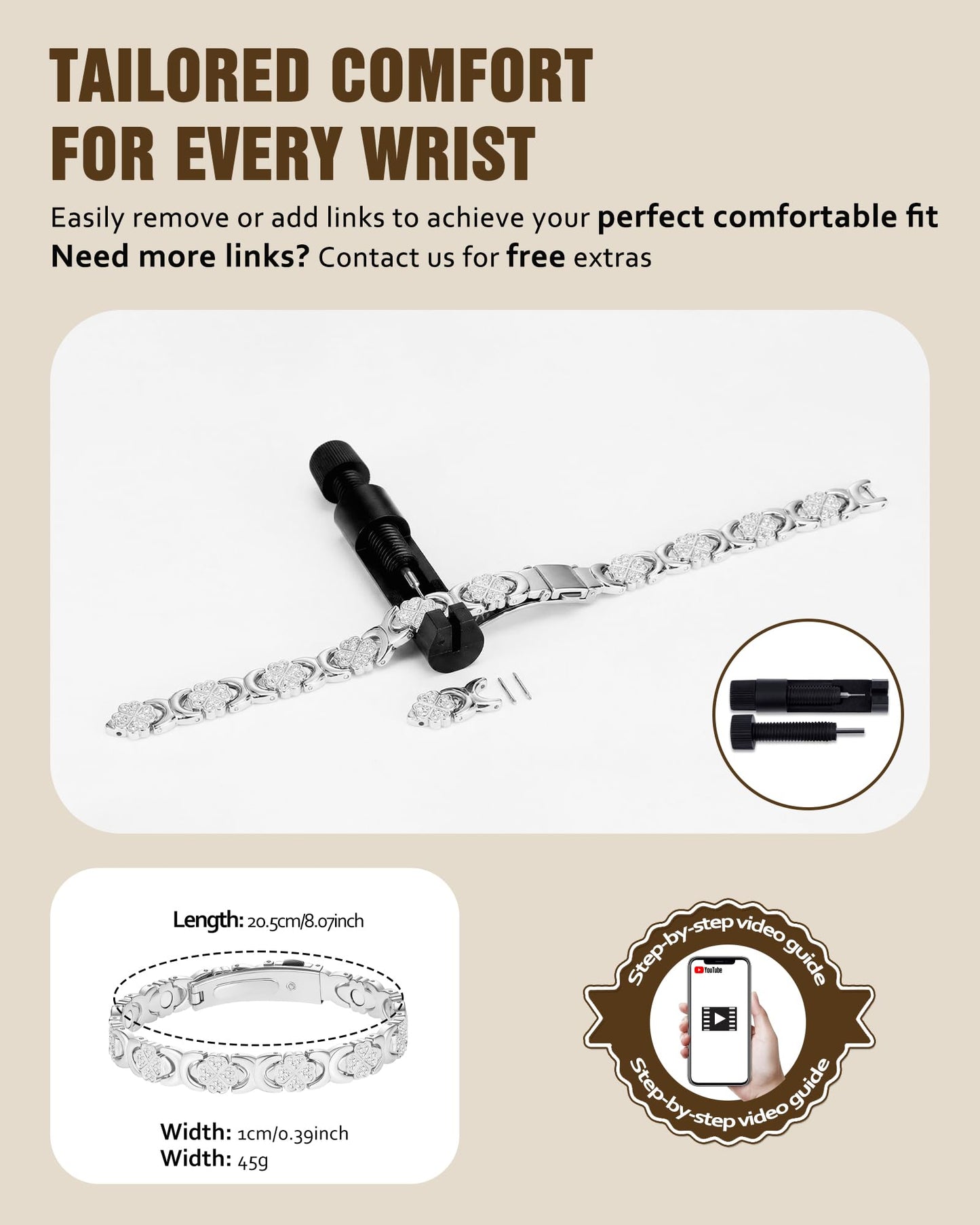 Jecanori Magnetic Copper Bracelet for Women With 3500 Gauss Magnets, Heart-Leaf Copper Bracelet, Premium Fold-Over Clasp,Silver