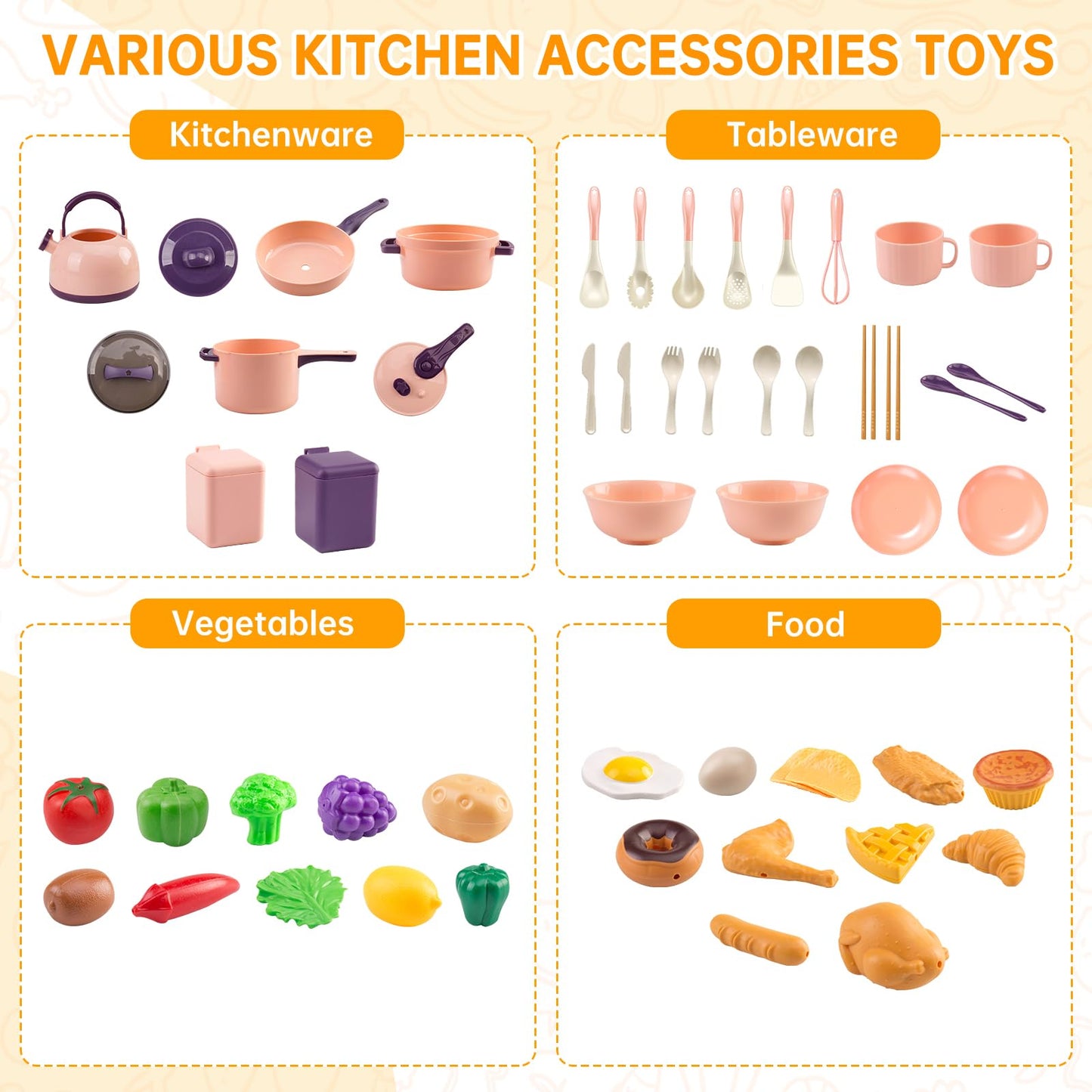 60Pcs Kids Mini Play Kitchen Accessories, Pretend Cooking Play Set with Cookware, Tableware & Fruit & BBQ Sets, Learning Gift for Boys, Girls, Toddlers,Pink