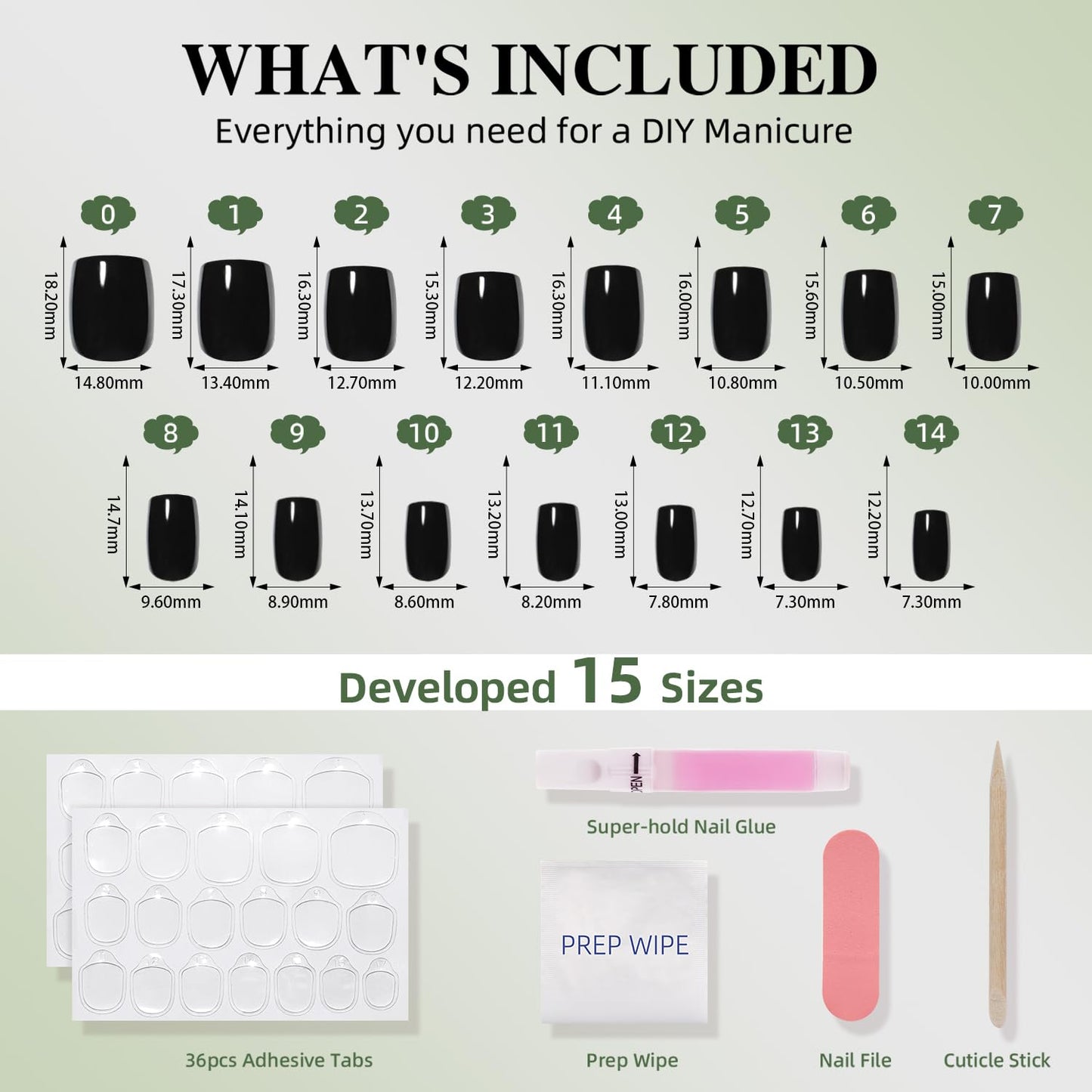 Black Press On Nails Square - Goth Short Square Fake Nails, Gothic Press On Nails Reusable Stick On Nails in 15 Sizes 30pcs False Nail Kit for Women & Girls (Pure Black)