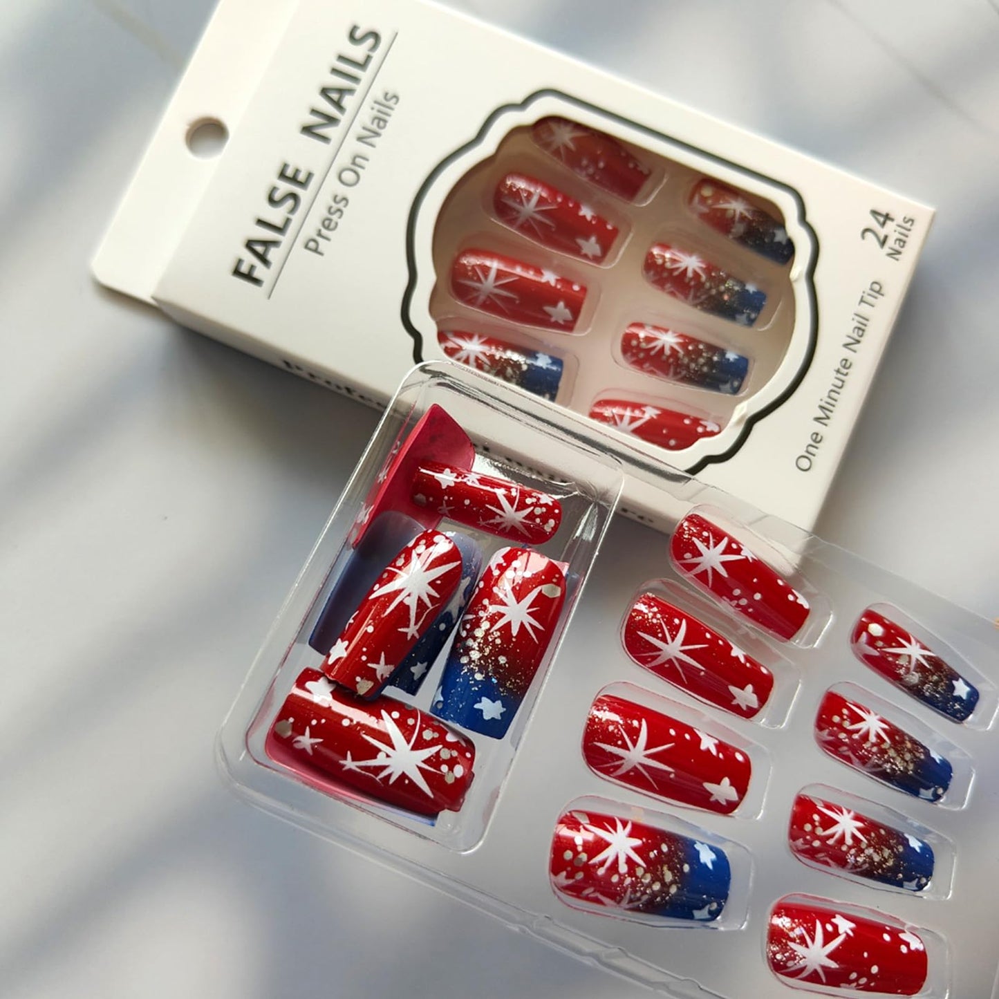 Independence Day Press on Nails Medium Square Fake Nails with Stars Design Red Blue False Nails 4th of July Patriotic Nails Full Cover Glue on Nails Acrylic Stick on Nails for Women 24Pcs
