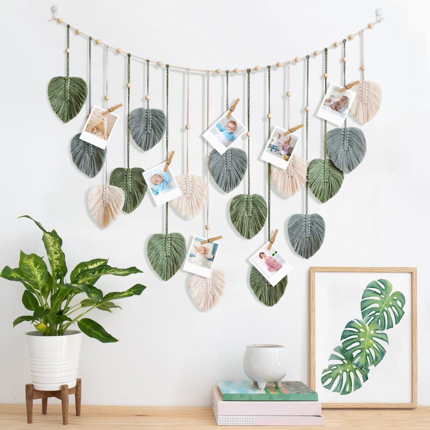 Urbun Macrame Leaves Wall Hanging -Large Chic Feather Boho Macrame Wall Decor Leaf Hanging Photo Display Handmade Woven Wall Art Leaf Tapestry for Nursery, Bedroom, Living Room, 29.5 x47.3 Inch