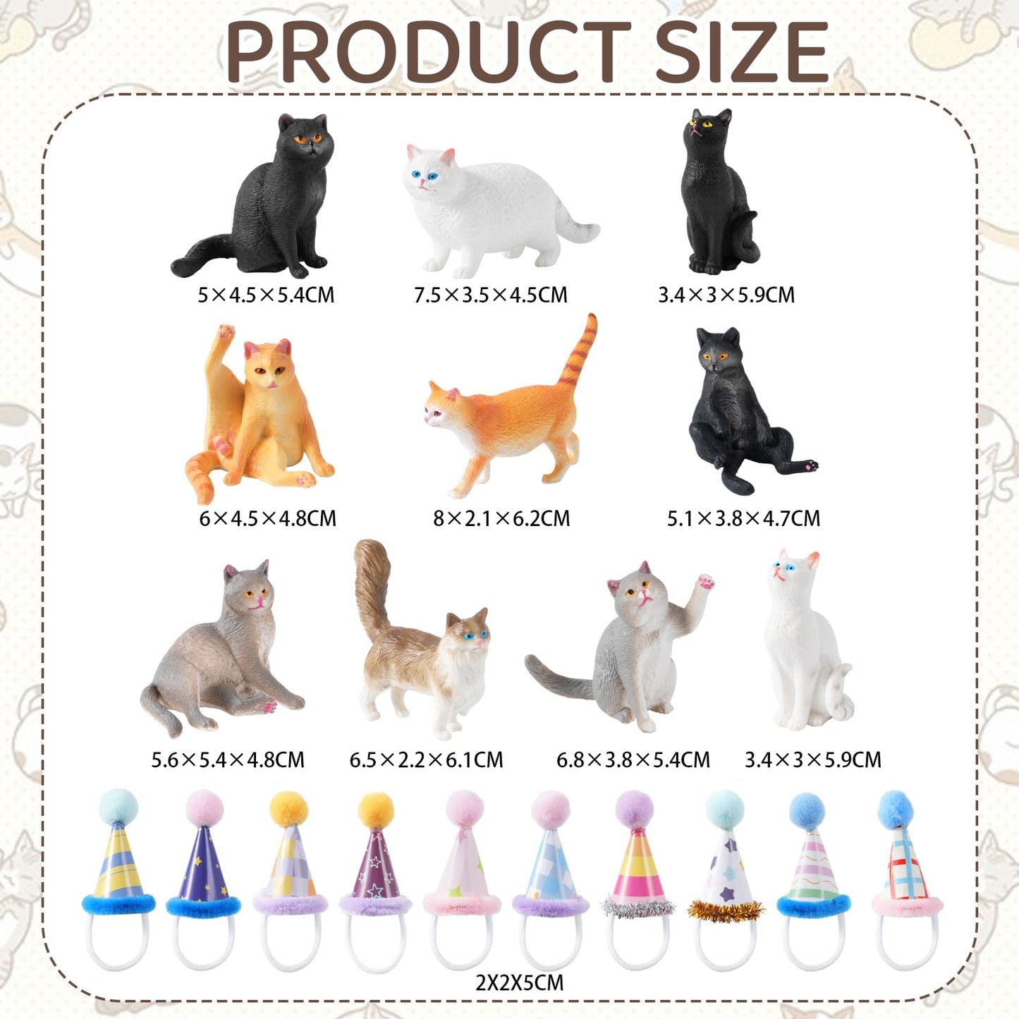 FCKLVMC 20 Pcs Miniature Cat Figurines with Birthday Hats Kit, Resin Tiny Cat Figurines Cake Toppers for Birthday Cat Cake Party Decorations