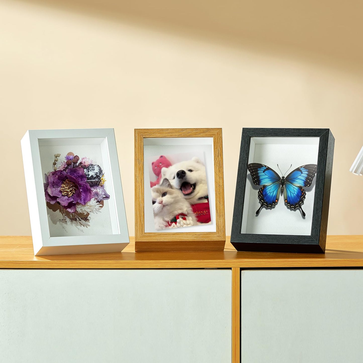 MUXIUNT 4x6 Shadow Box Picture Frame Display Case with Soft Linen Back-Real Glass,Small Mini Wood Color Deep Shadow Box Frame 4x6 for Insect Medal Display Pet Photo Memorial Flower Craft