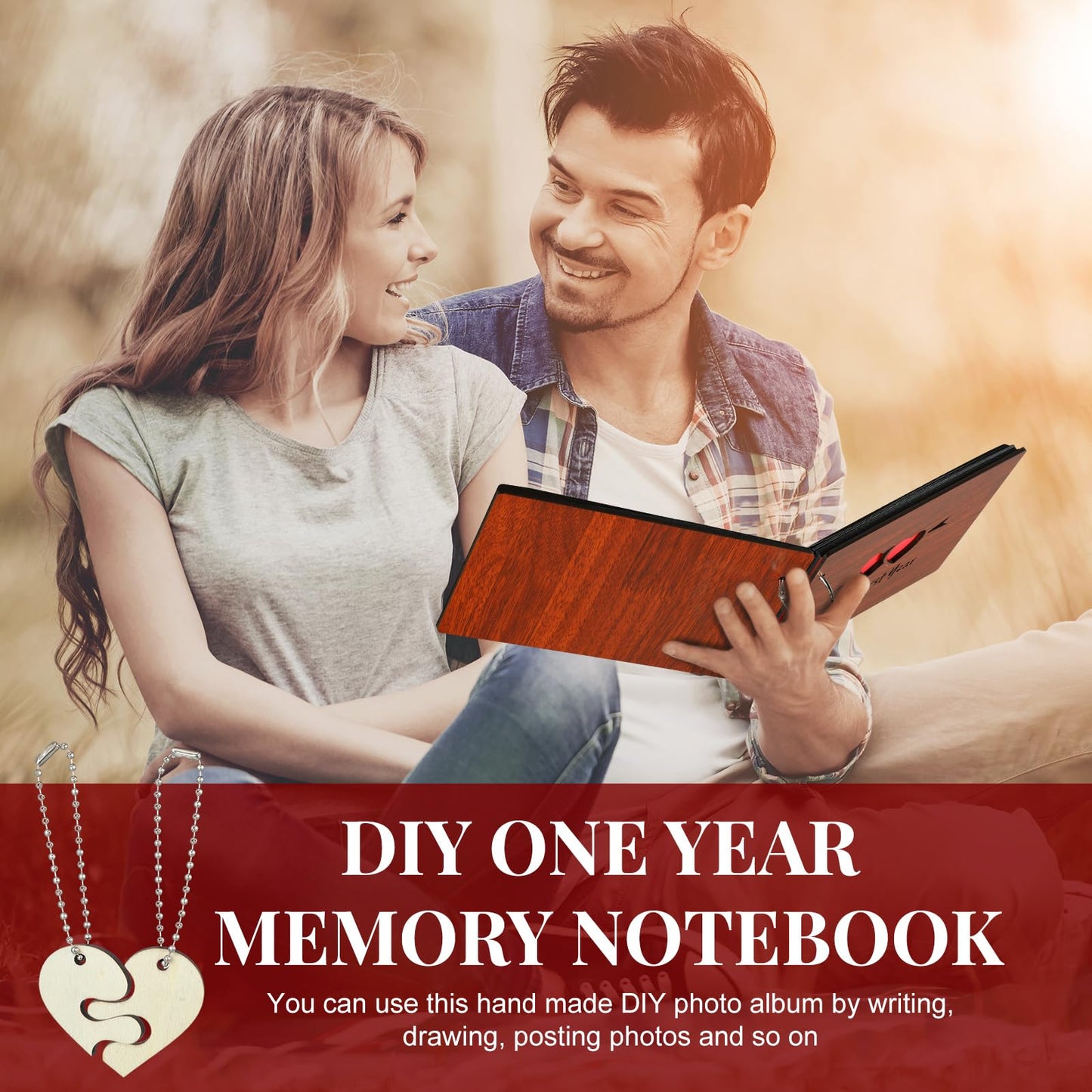 Kosiz Wooden Our First Year Anniversary Scrapbook, DIY Photo Album for Couples 8.7 x 6.3 Memory Book Wedding Love Gift for Anniversary Journaling DIY Accessory