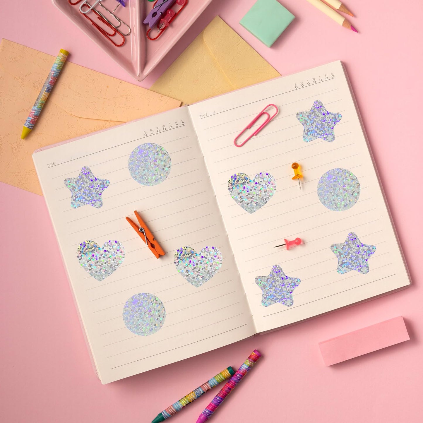 Valentine's Day Holographic Glitter Stickers Roll -1500 Pcs Star/Heart/Circle Shapes, Iridescent Self-Adhesive Decals for DIY Crafts, Scrapbooking, Laptop & Water Bottle Decor