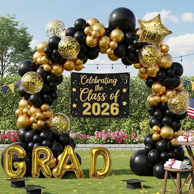 BalloonExpert 115Pcs Black Gold Graduation Balloon Arch Kit – GRAD Garland with Foil Letters & Star Balloons for Class of 2026