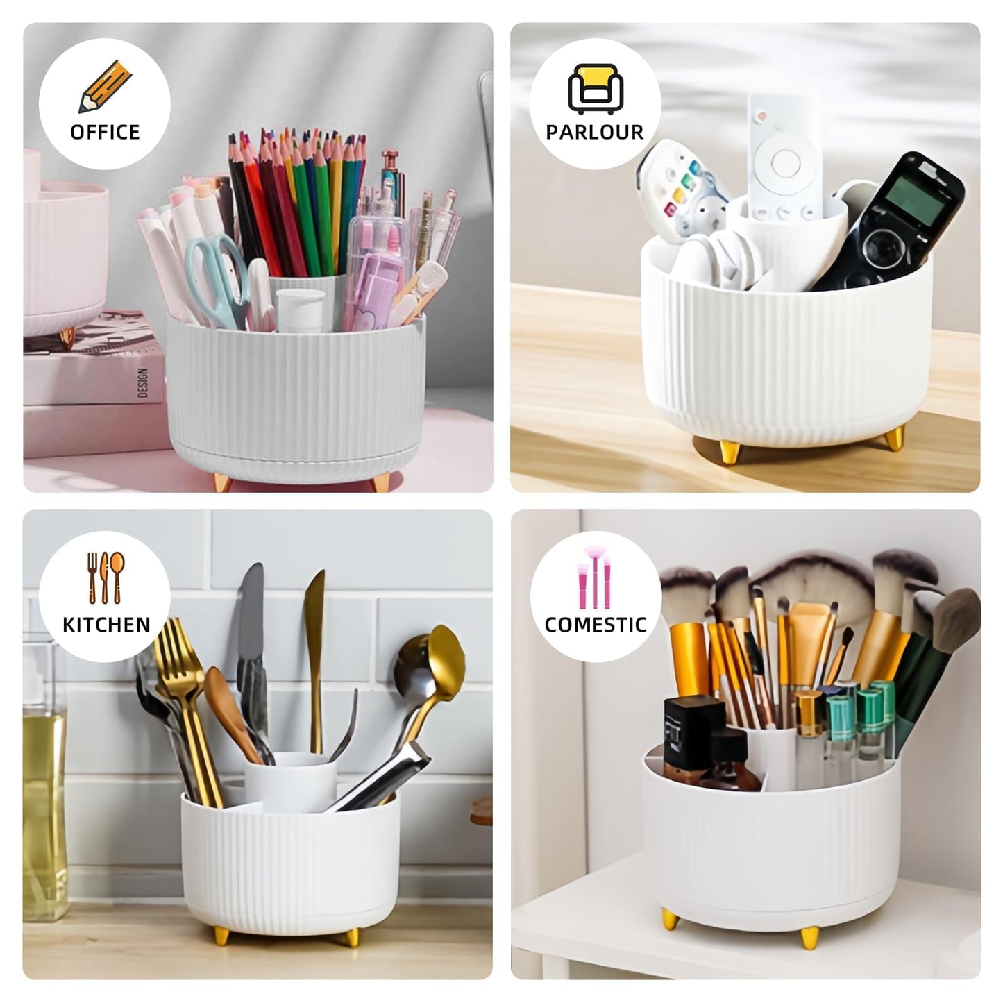 Ovatt White Desk Organizer Set - 15-Piece Office Supplies with 360° Rotating Pen Holder, Stapler, Tape Dispenser & Clips for Home Office