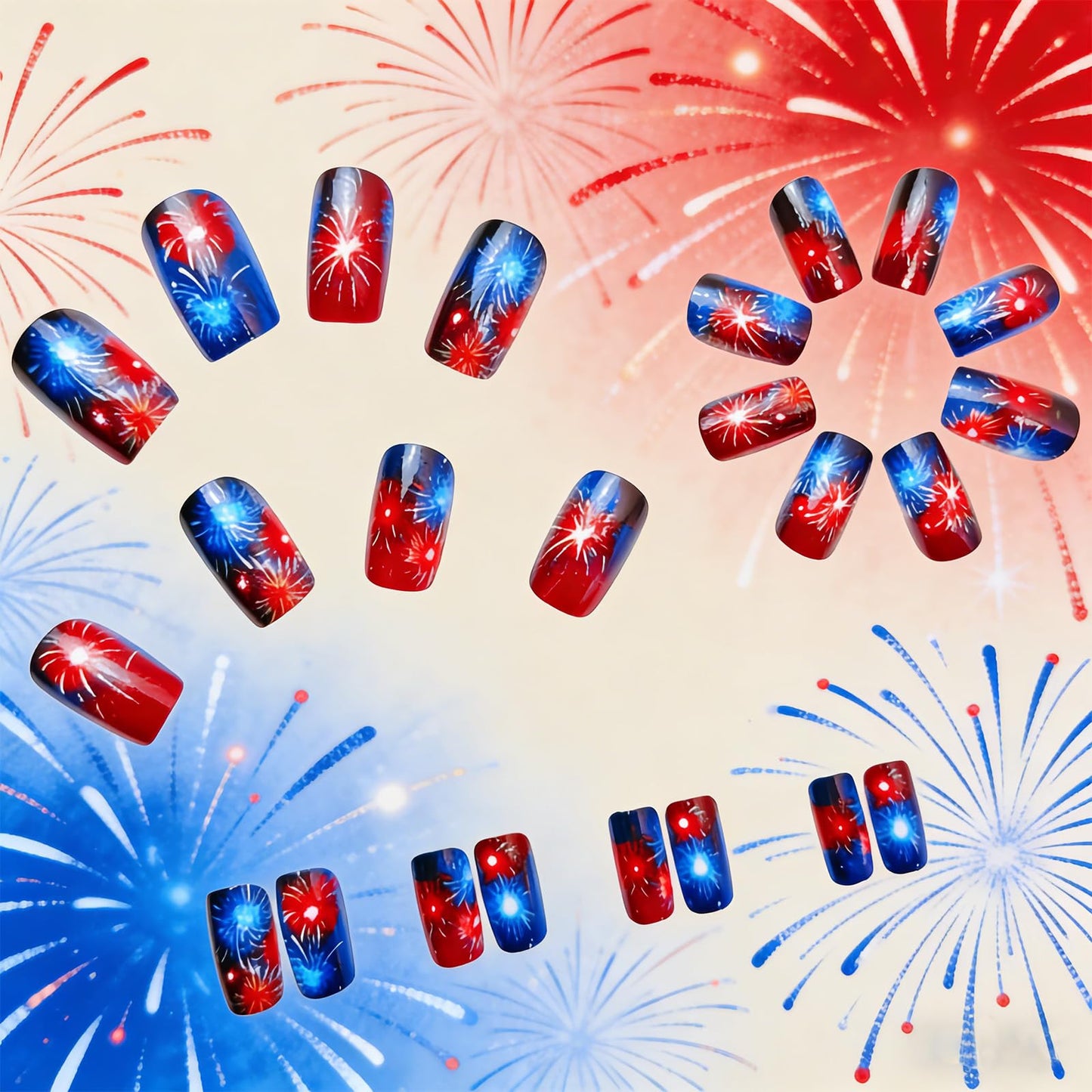 Firework Press on Nails Medium Square Fake Nails with Red Blue Fireworks Design Independence Day Artificial Nails Reusable Full Cover Glossy Stick on Nail for New Year Celebration24Pcs