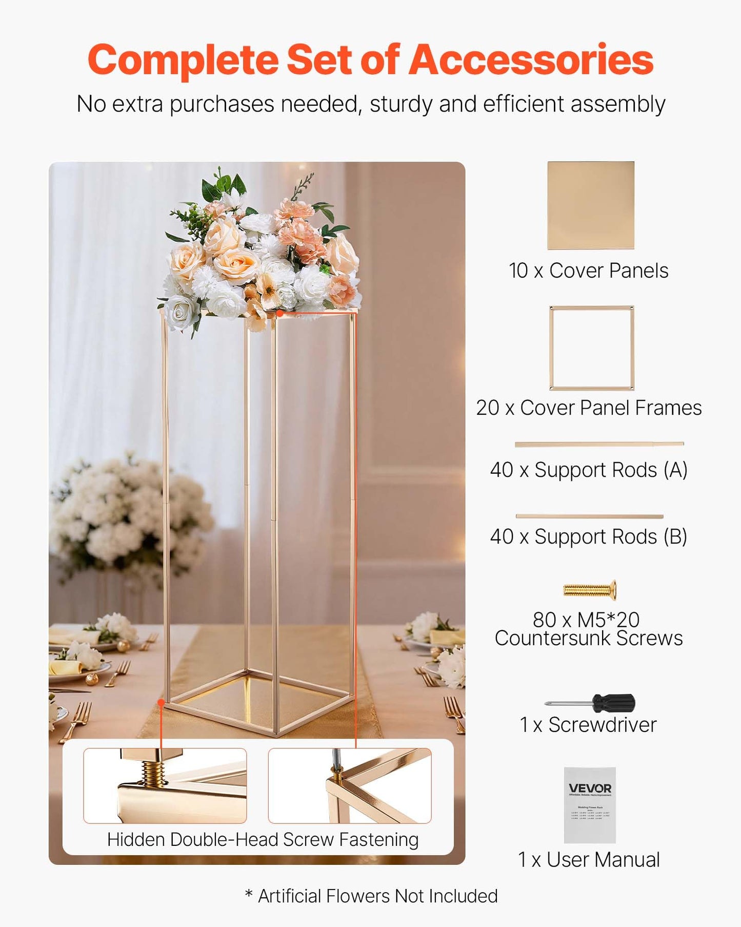 VEVOR Wedding Flower Stand, 10PCS 31.5-inch Column Flower Stand, Floral Stands with Metal Laminate, Rectangular Floral Display Rack for Wedding, Party, Birthday, Home,French Gold Centerpiece Stands