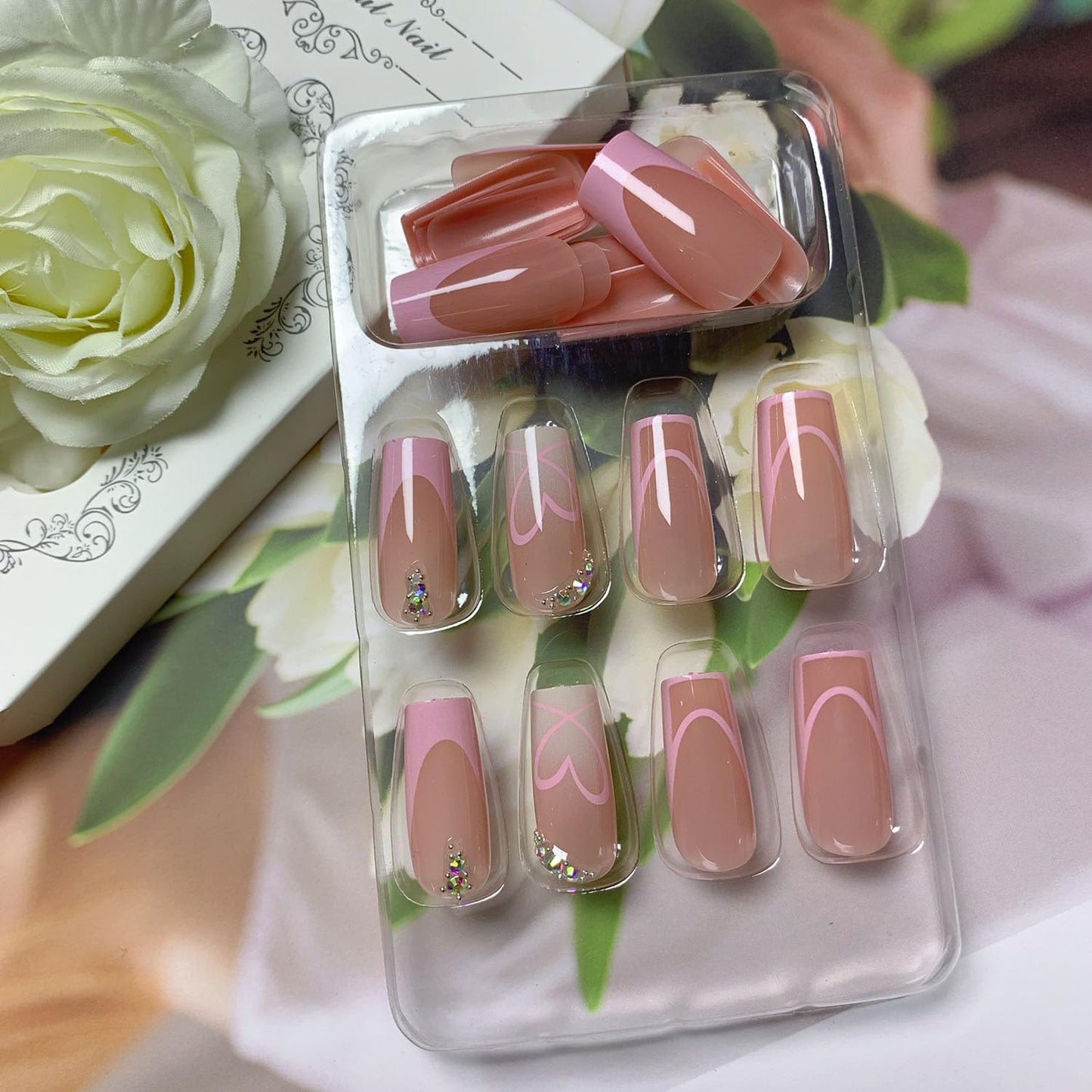 Medium Press on Nails Square Glue on Nail Light Pink French Fake Nails 3D Rhinestones Acrylic Nails Heart False Nails Cute & Reusable Stick on Nail for Women 24 Pcs