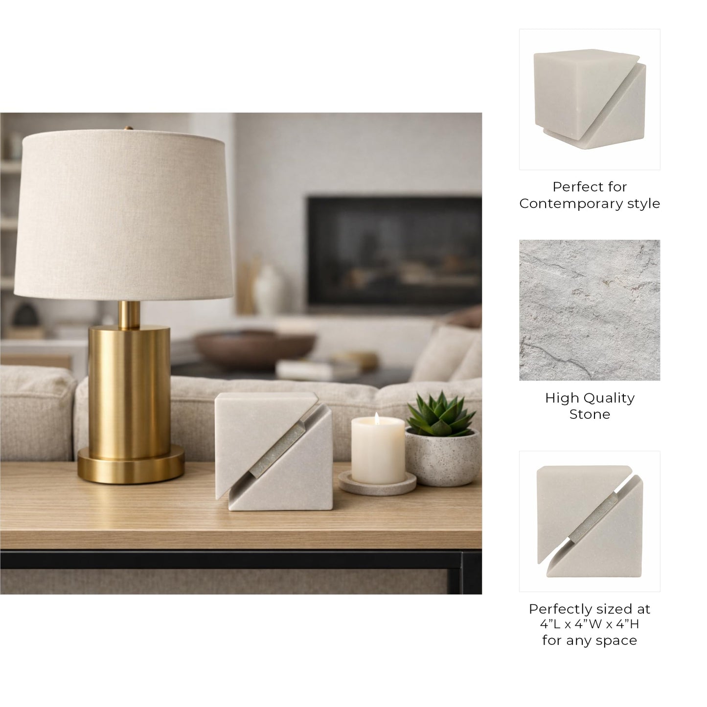 White Marble Sculpture Cube – Accessories for Room Styling and Layering – Shelf, Desk, or Console Placement – Modern Geometric Design Accent for Contemporary Spaces, Home Decor – 4", White Finish