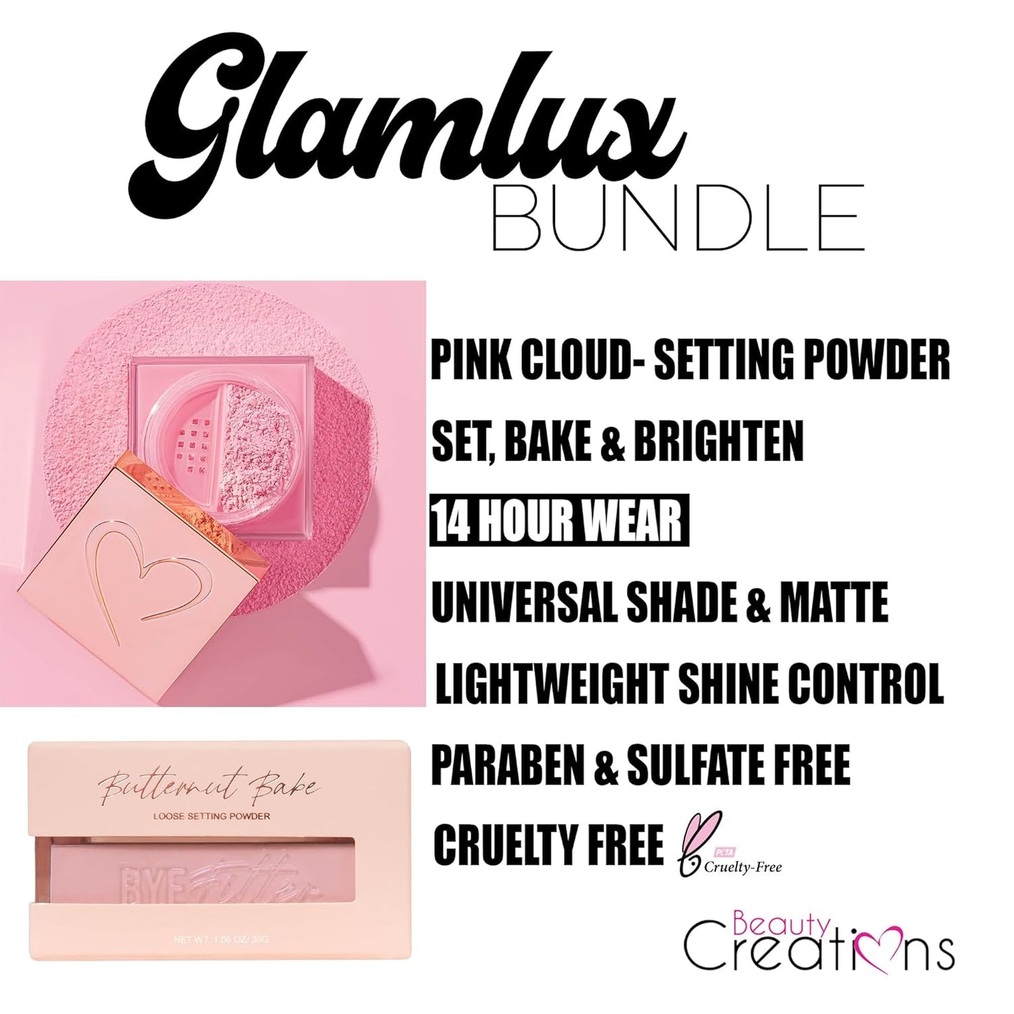 Beauty Bundle Beauty Creations Pink Cloud Pink Loose Setting Powder & Amorus Cloud Blur Matte Balm Foundation, Minimizes Pores, Matte Finish 14HR Shine Control (Soft Fair)