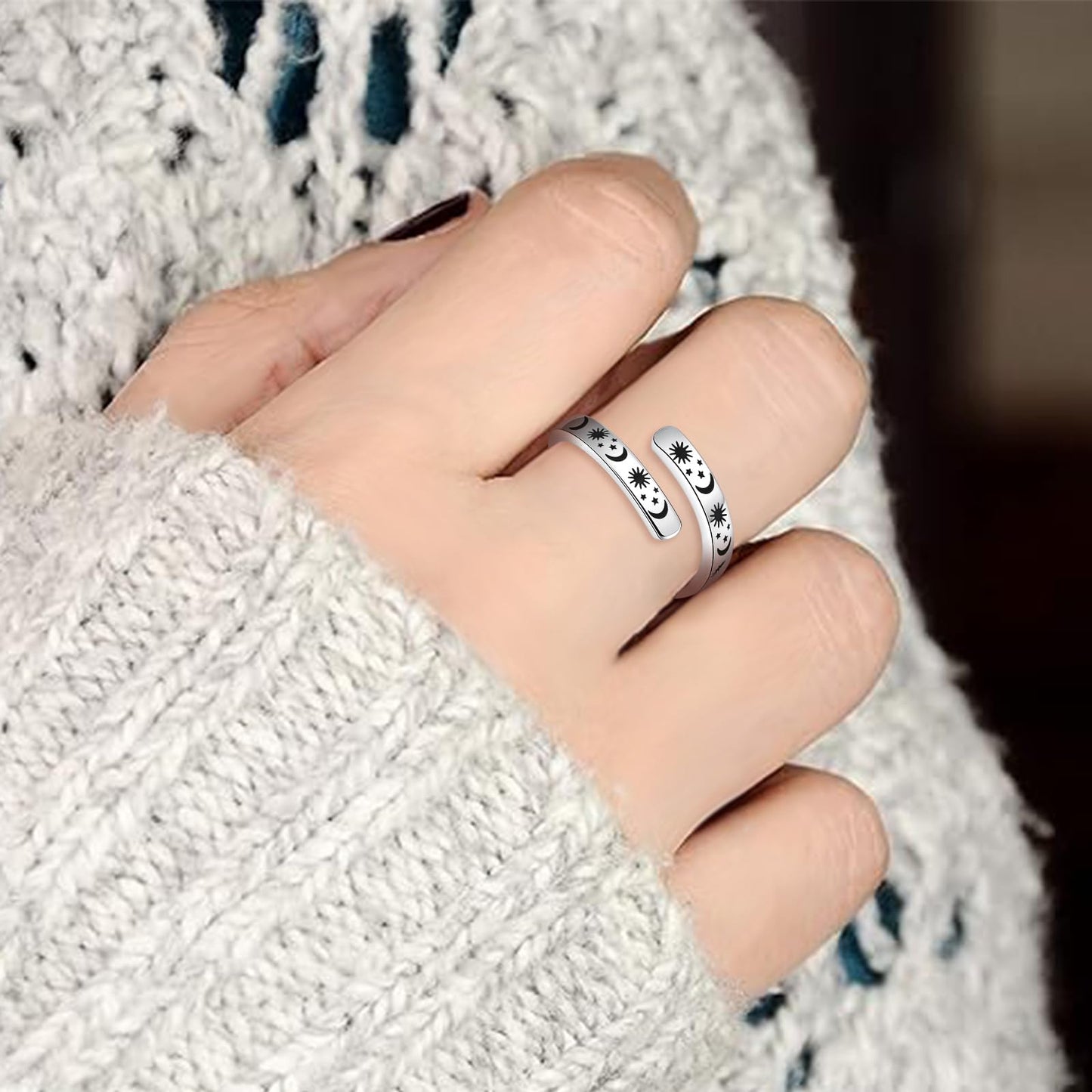 925 Sterling Silver Inspirational Jewelry Adjustable Wrap Open Ring Encouragement Gift for Women (Sun & Moon - Be brave. Be strong. Be bad*)