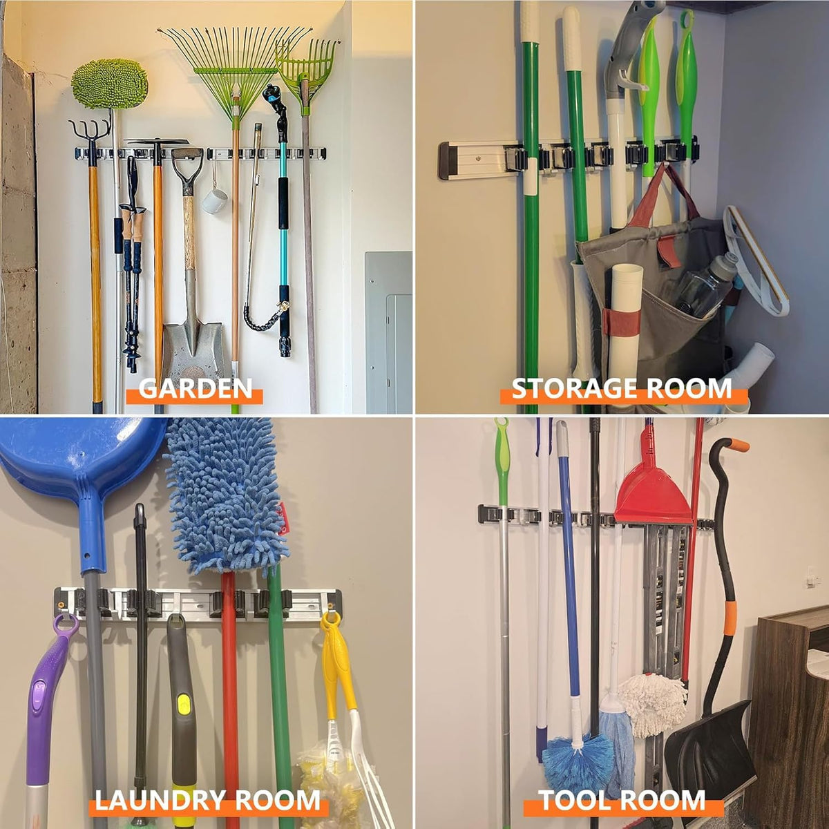 Broom Holder Wall Mount Mop Hanger Tools organizer 4Racks 5Hooks