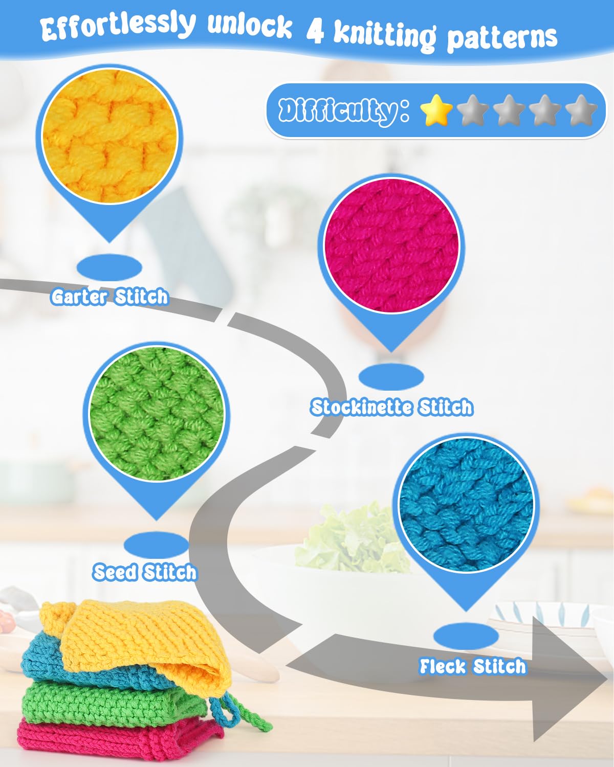 Katech Knitting Kit for Beginners-Learn to Knit Dishcloth-Beginner Knitting Kit for Adults with Knitting Book, Knitting Needles,Beginner Yarn, Yarn Needle, Craft Kits Gift (Beginner to Expert)