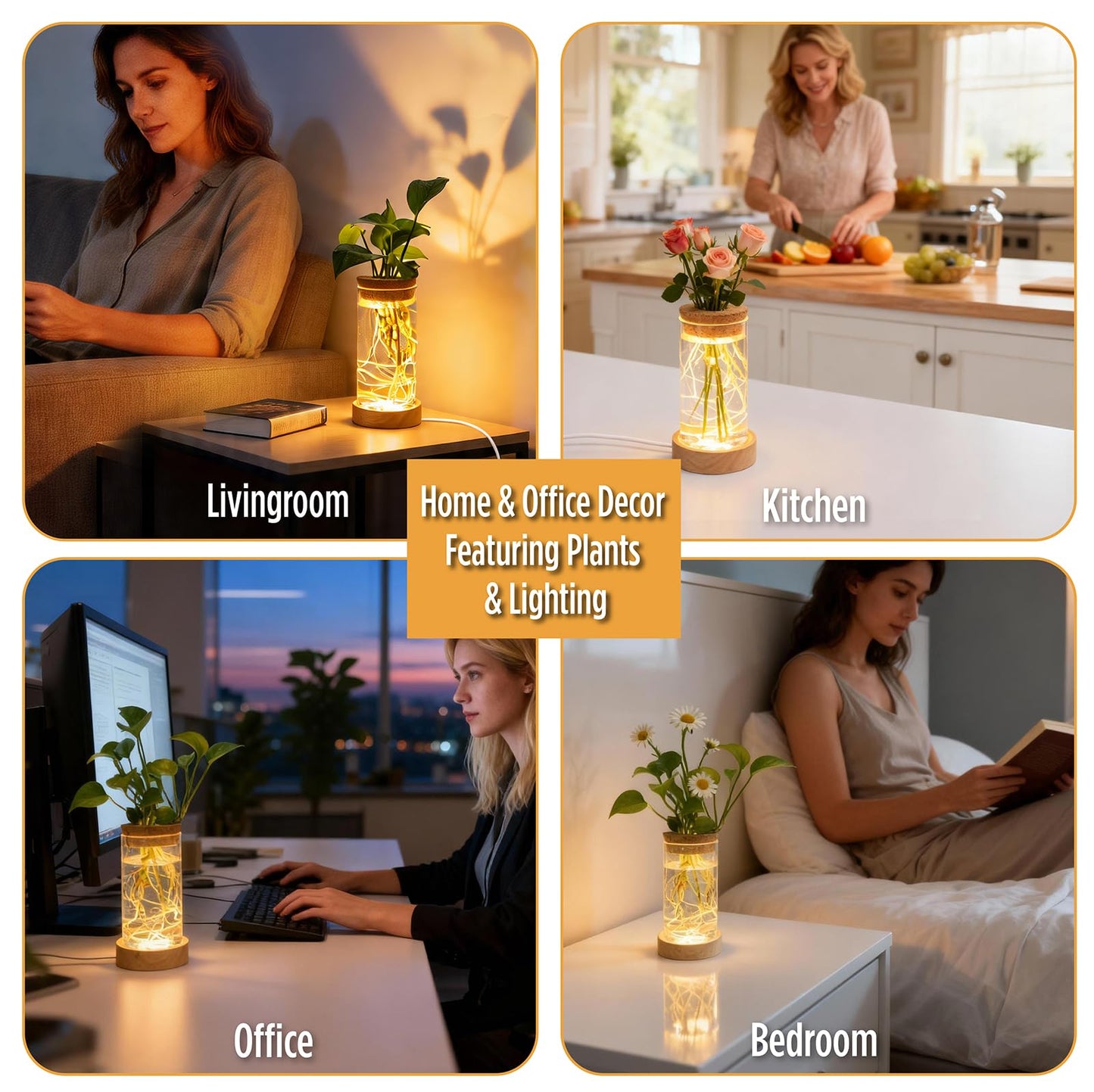 Plant Propagation Station with 9-Level Adjustable LED Light, Glass Planter Station with Waterproof Lighted Wooden Base, Desktop Hydroponic Plants Terrarium Vases Jars for Home & Office Decor