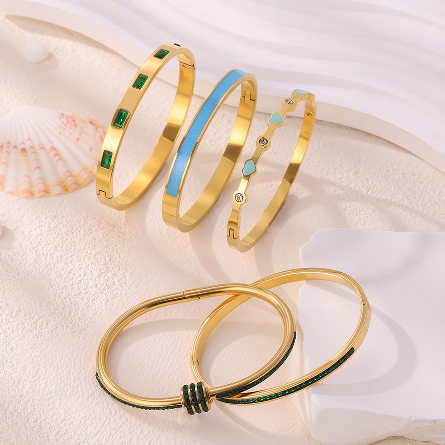 Camhanno 18K Gold Plated Stainless Steel 5-Piece Gold Bangle Bracelet Set for Women - Pink Crystal Friendship & Love Heart Design, Stackable Bangles Jewelry - Ideal Birthday Gift for Women (Green)