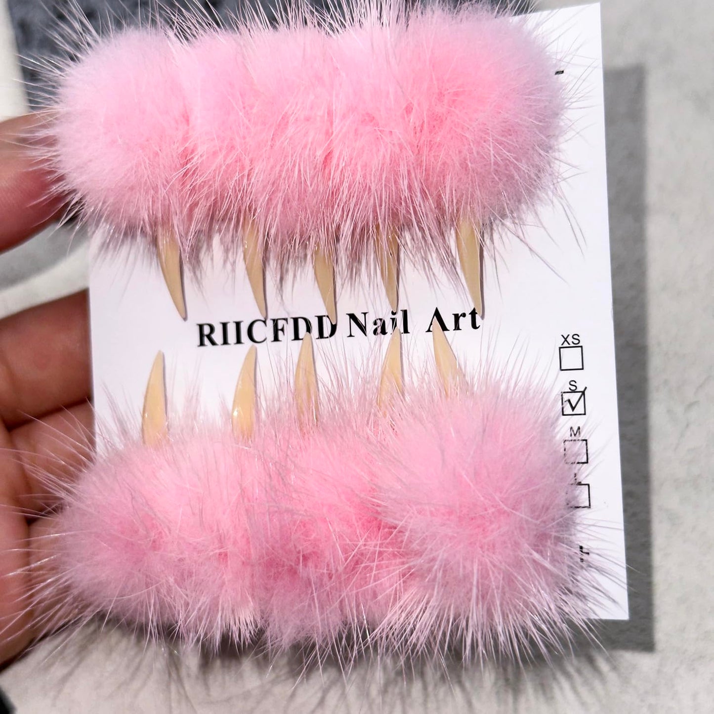 10 Pcs Luxury Press on Nails Medium Curved Stiletto Handmade Cat Claw Reusable Nails Press Ons Unique with Pink Furry Fur Designs Cat Claw Fake Nails Glossy Thick Acrylic Glue on Nail (S)